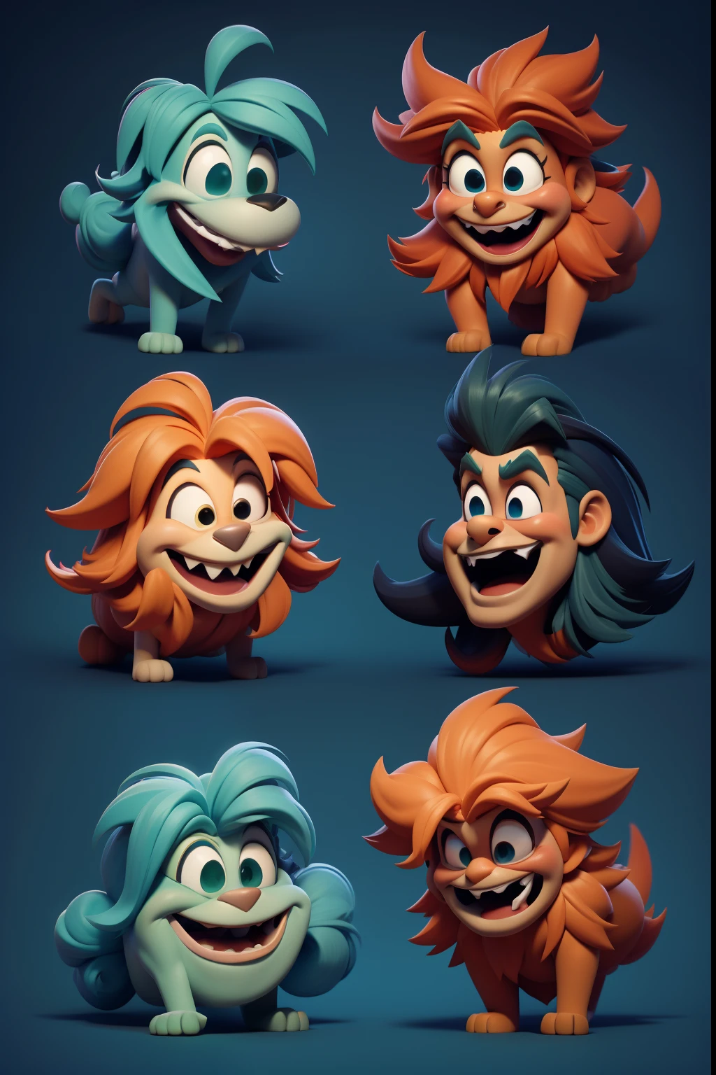 Happy Halloween! Funny cheerful wild shaggy characters in the style of the 3D cartoon Disney. Close-up. Blurred blue-green-red background. Light haze.