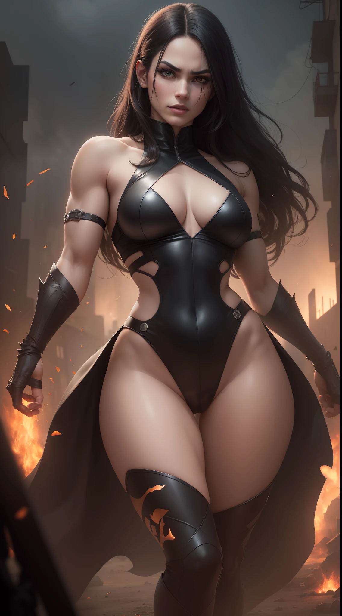 (best quality,4k,8k,Altas,master part:1.2),ultra-detalhado,(Realistic,fotorrealista,photo-realistic:1.37),cara detalhada aterrorizante de Mileena,foco nítido,dentes explicitamente detalhados,unique and exotic facial features,fierce expression,Provocative and seductive appearance,long flowing black hair,maquiagem perfeitamente aplicada,fierce and bloodthirsty eyes,boca agressivamente aberta mostrando longa,presas afiadas,Armas Letais Sai,Deadly and muscular physique,Flexible and agile body,Athletic posture,impressionante, Figurino elaborado e revelador,incorporando uma mistura de beleza e perigo,posando em uma postura pronta para o combate,cercado por atmosfera escura e sinistra,sinister and dramatic lighting,evoking a sense of impending danger and chaos,paleta de cores escuras e arenosas,in a threatening and foreboding environment,aprimorado com elementos de terror,stylistic and dynamic action scenes,Capturing intensity and power,in a brave dystopian scenario,energia e movimento intensos,with sparks and debris flying around,delivering a knockout blow to her opponents,showing your dominance and strength in combat,creating an atmosphere of tension and anticipation,imerso em uma intensa batalha do bem contra o mal,combinando elementos de horror, artes marciais, e fantasia,inspired by the iconic character Mileena from Mortal Kombat X,bringing it to life in an impressive and captivating way.