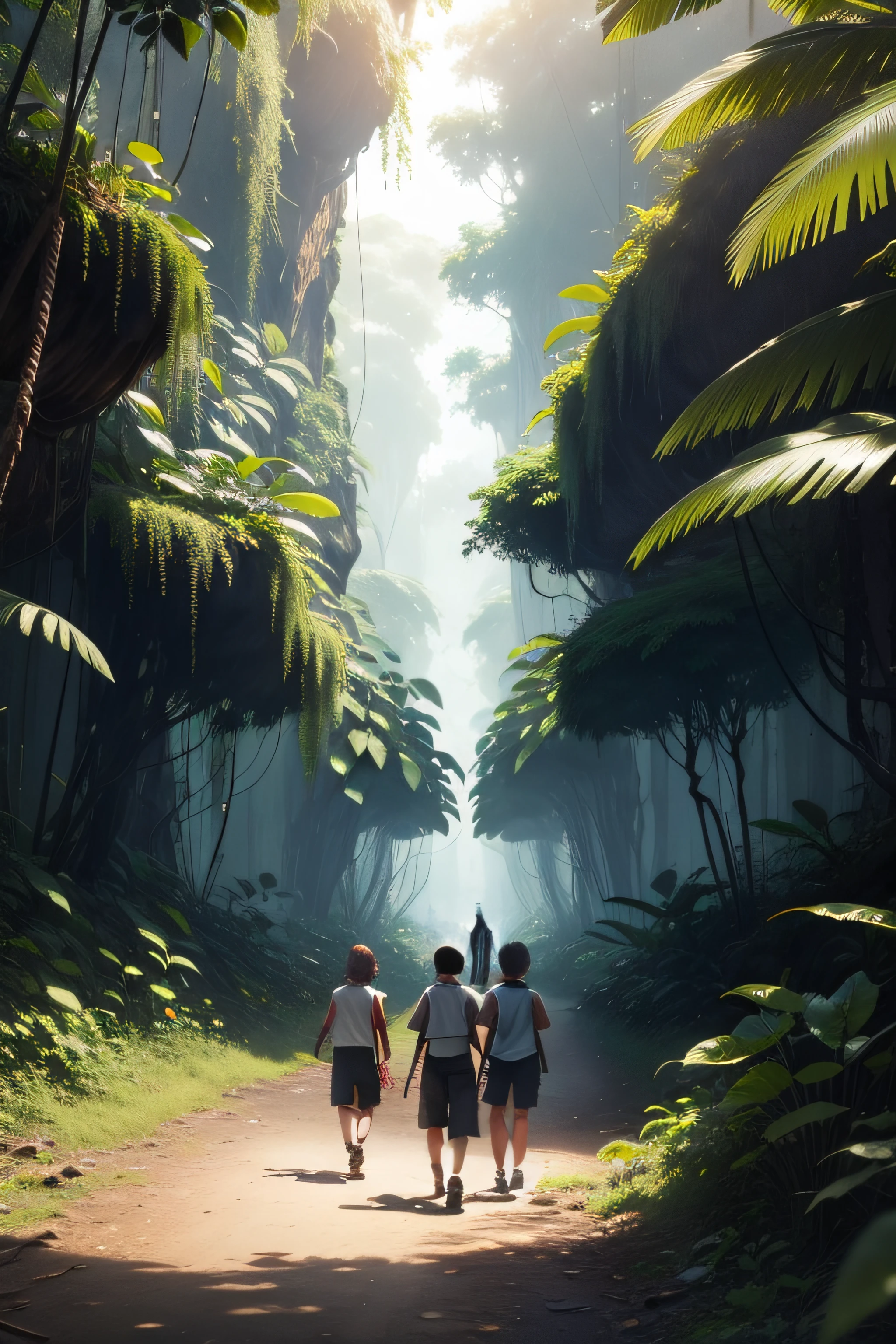 A group of kids are walking through the jungle.