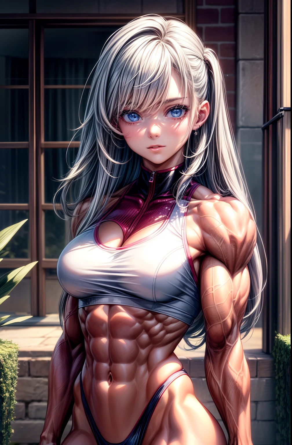 (BEST lighting) , (ultra intricately detailed) , 4K unification, (super-detailed CG: 1.2) , (8K: 1.2),(Original), (Masterpiece) , (Best quality),(Masterpiece:1.4),Anime-ish high quality,(Masterpiece),Masterpiece, Super clear picture quality,Clearer than movies,(Fine face)Best quality, absurderes,((masterpeace, 4K, 8K, Yes, A high resolution))1girll, schoolgirls,She was in the garden,Ten strong abs,standing on your feet,Exposing the abdomen, Crop topping,There are bulges of dense veins on the arms,Spring, Boots, Perfect figure, Long silver hair, Dynamic pose,Legs exposed,Strong leg muscles ((body builder:1.5)),Spring Garden,(Beautiful bace),(Girl),(Female),(((Upper body:1)))
