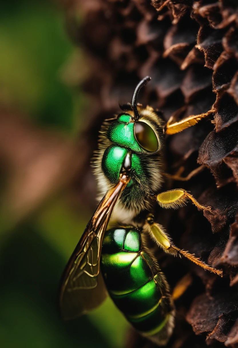 Image of a metallic green bee looking at users in close-up of the whole body, em um fundo de cores vibrantes
