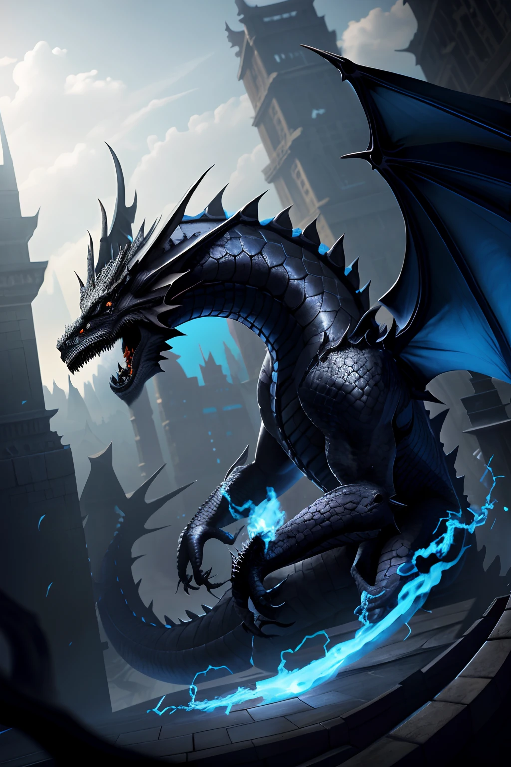 there is a dragon that is sitting on a ledge, slim dragon as background, black dragon, epic dragon, slim dragon in background, alduin, wyvern, legendary dragon, a majestic gothic dragon, blue scaled dragon, ancalagon the black, storm dragon, blue dragon, d&d commision art dragon, dragon with scars, dragon art