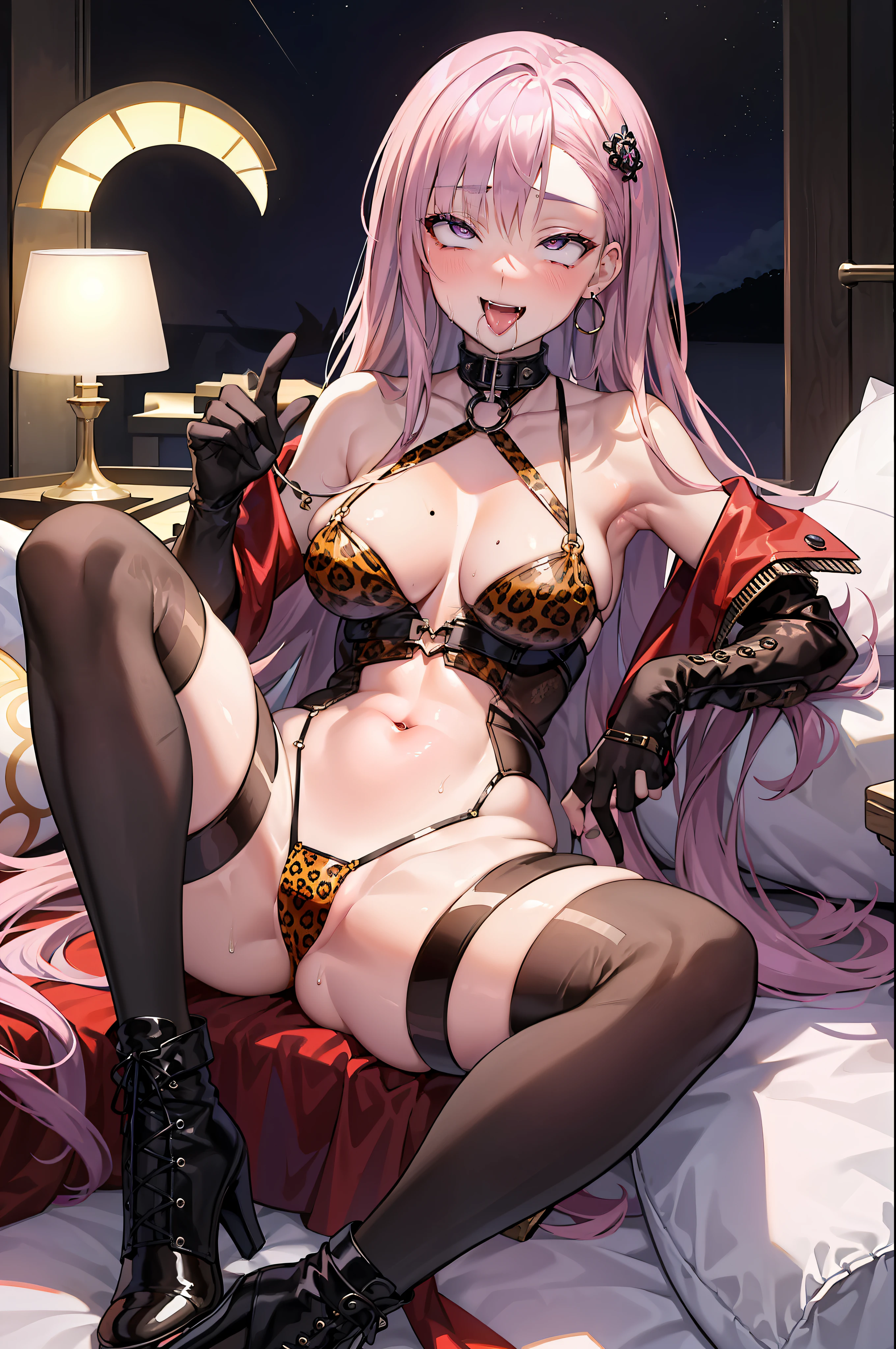 ((Top Quality, 8k, Masterpiece: 1.3)), (Crisp Focus: 1.2), ((Solo: 1.5, 1 girl: 1.5)), (Beautiful Woman with Perfect Figure: 1.4, Slender Abs: 1.2), ((Layer-Cut, Big: 1.2)), (Wet Body: 1.5), Highly Detailed Face and Skin Texture, Detailed Eyes, Face, Double Eyelids, long pink hair, parted bangs, streaked hair, amber eyes, ((Round face)), 19yo japanese, ((purple leopard-print bodysuits: 1.5)), tight stocking, navel, skindentation, elbow gloves, boots, slave collar, BDSM, high leg, open legs, mole on chest, bed room, ((ass visible through thighs: 1.2)), (((seductive smile: 1.4))), cleavage, drooling, wide-eyed, glow eyes, nose blush, ((open mouth, tongue out: 1.5, drooling: 1.3)), ahg, rolling eyes, drunken eyes, cameltoe, (super fine makeup), ((yawning: 1.2)), piercing, prison cell, moonlight, from below, moonlight, (((vulgarity))), in heat, ceiling, upskirt, looking down at viewer,