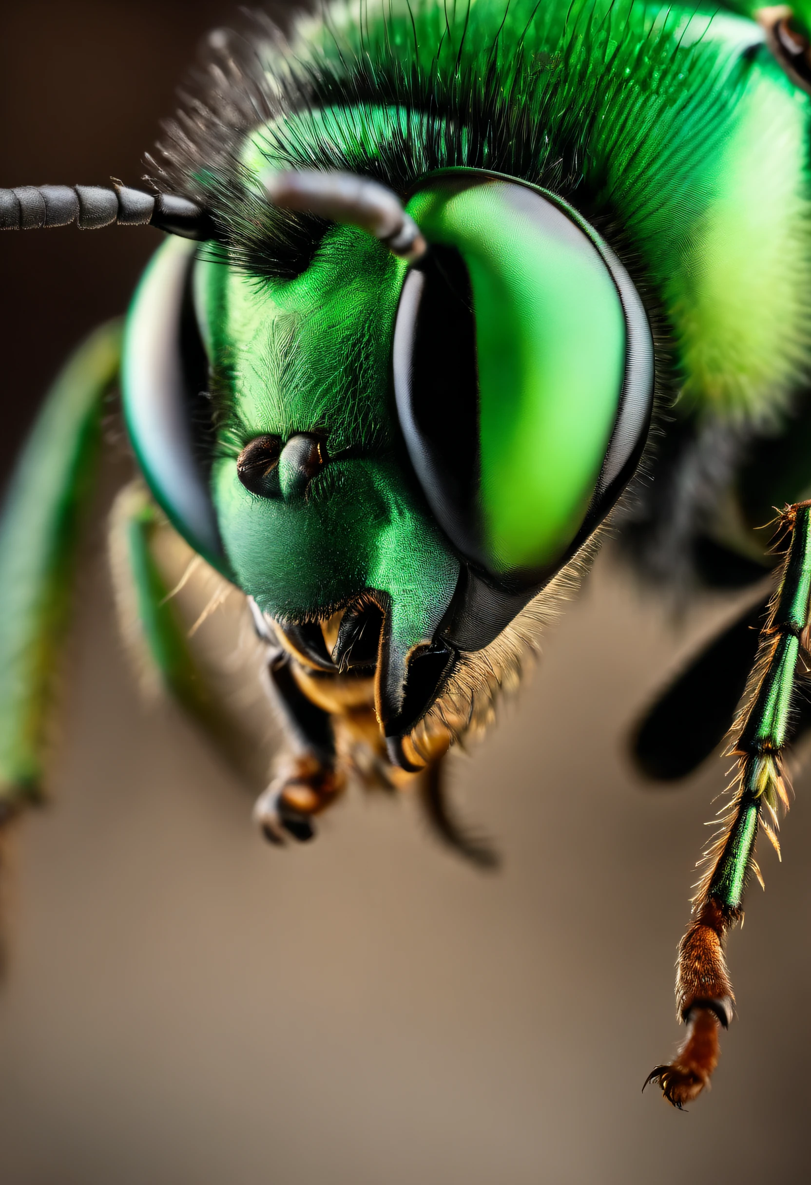 Image of a metallic green bee looking at users in close-up