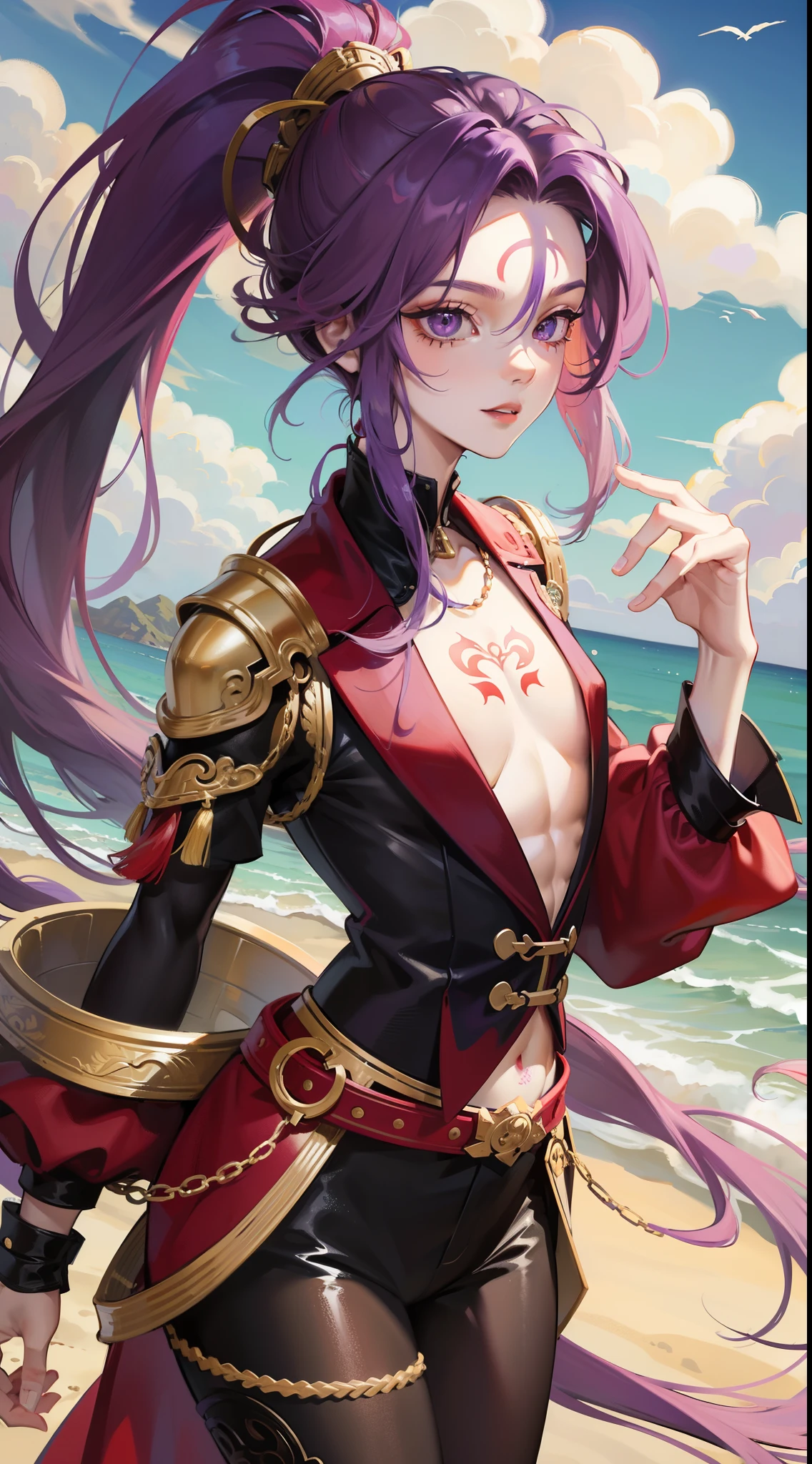 Grown-up guy, long purple hair, Part of the hair is gathered in a high ponytail, Heterochromia, The left eye is purple, Red right eye, The Monkey King's Armor, open torso, lots of tattoos, clouds beneath your feet, Masterpiece, hiquality, 4k, HD, Good detail