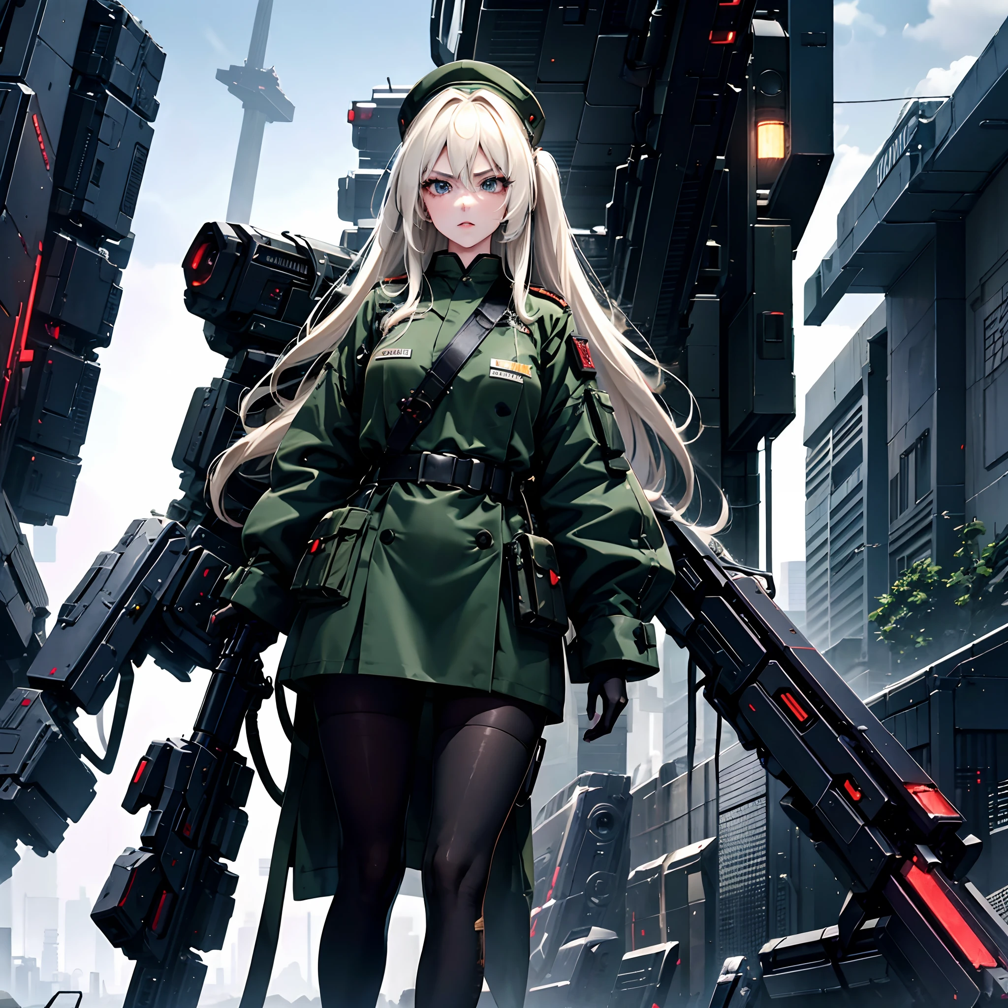 an older anime girl with long white hair wearing dark green full retro military uniform also wearing military hat, badass anime 8 k, female dark sci fi anime girl, digital sci fi anime art, sci fi anime girl, anime sci fi art, anime girl mech, modern sci fi anime, cyberpunk anime art, digital sci fi - anime art, anime sci fi, cyberpunk angry gorgeous goddess, portrait, sci fi, insidebar, cyberpunk, absurdres, high res, ultrasharp, 8K, masterpiece, looking at viewer