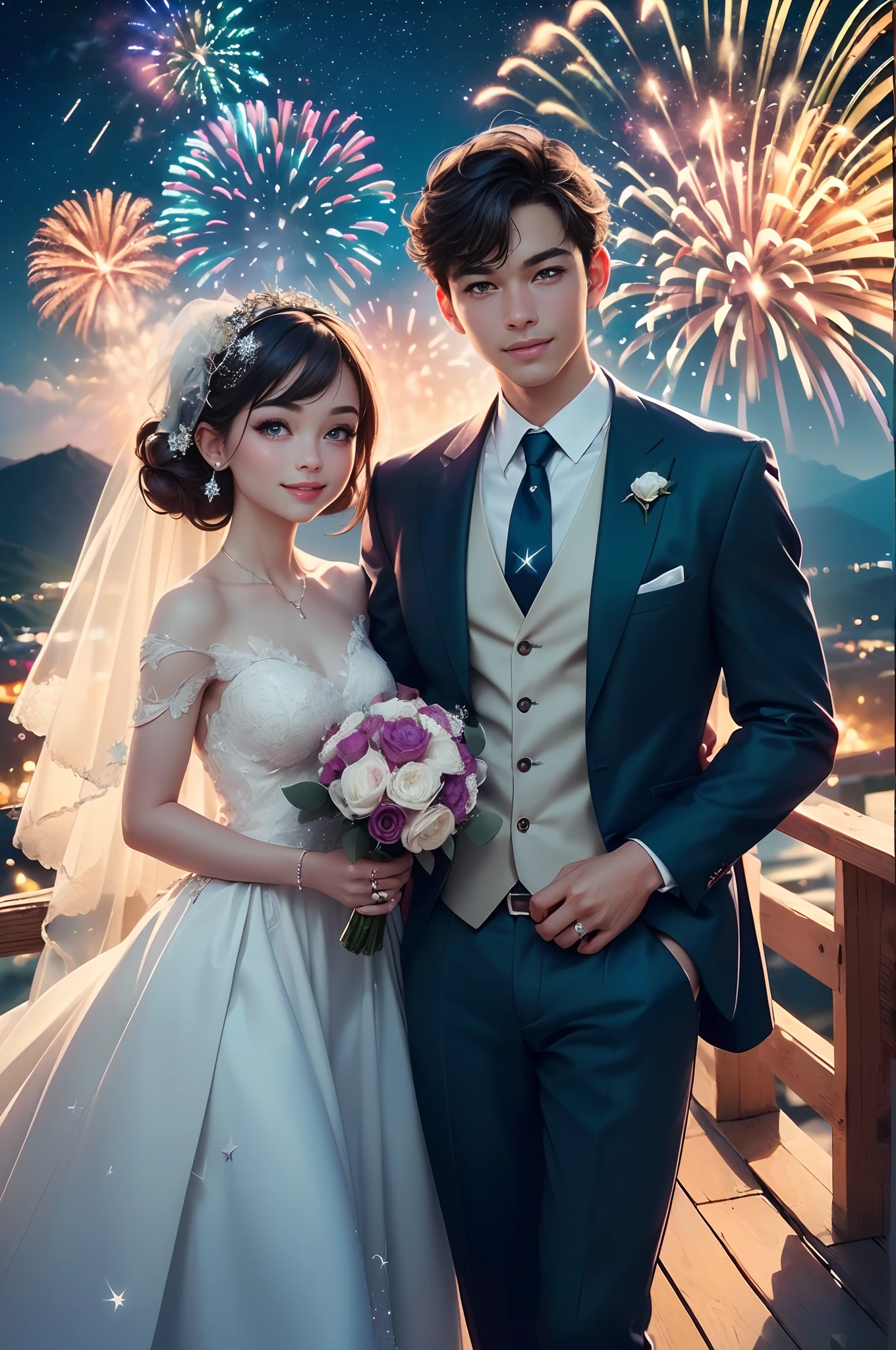 ((Best quality, A high resolution, Masterpiece:1.2)), (Romantic), (newlyweds:1),(Happy smile),Delicate facial features, Clear facial features, Optimized details,(Stargazing at the top of the mountain), (Spectacular sky fireworks display), (Colorful fireworks), (Giant fireworks), (Wedding dress), (suit), (glittering stars:1.5), Romantic couple photo, cinematic Film still from.