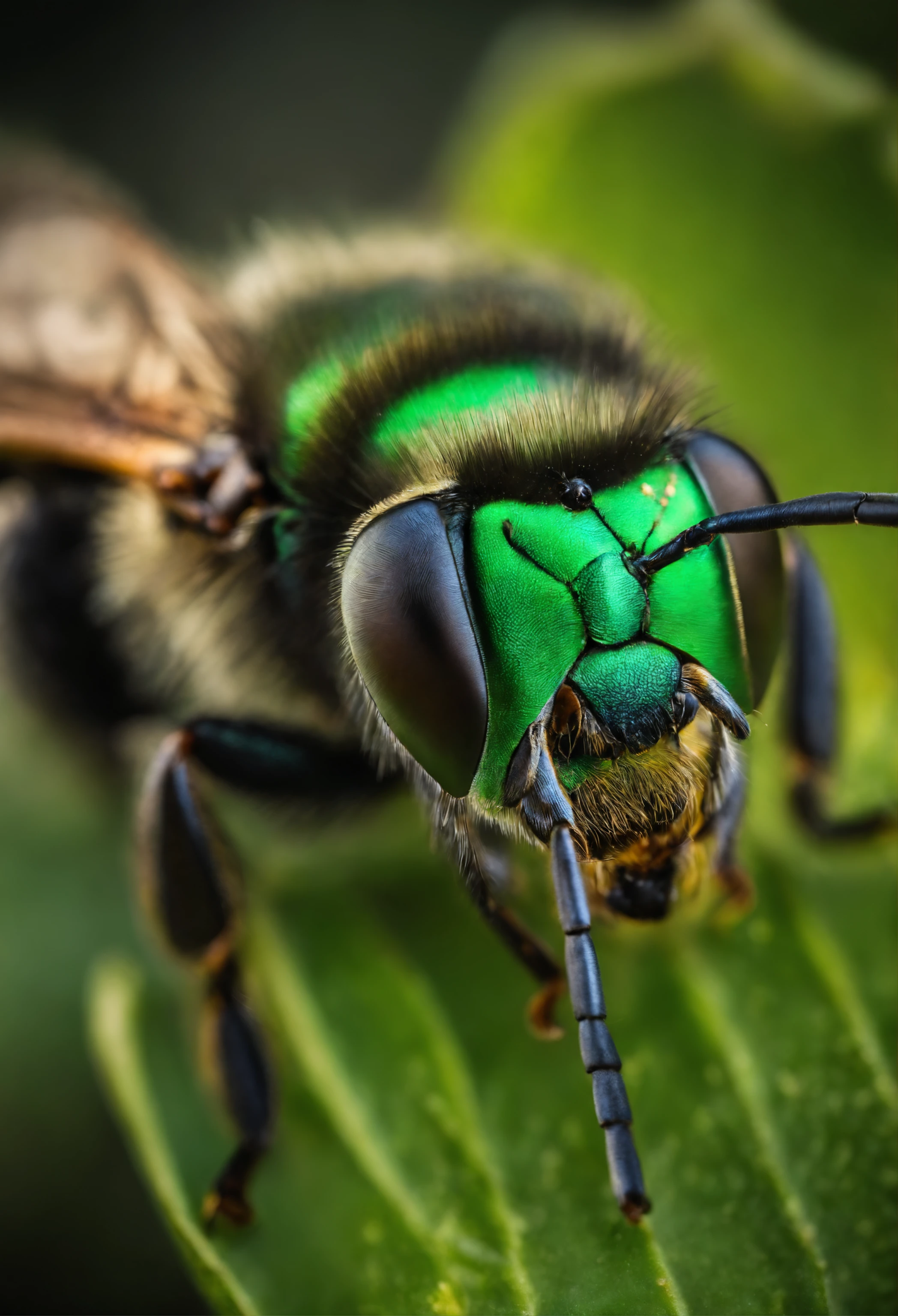 Image of a metallic green bee looking at users in close-up