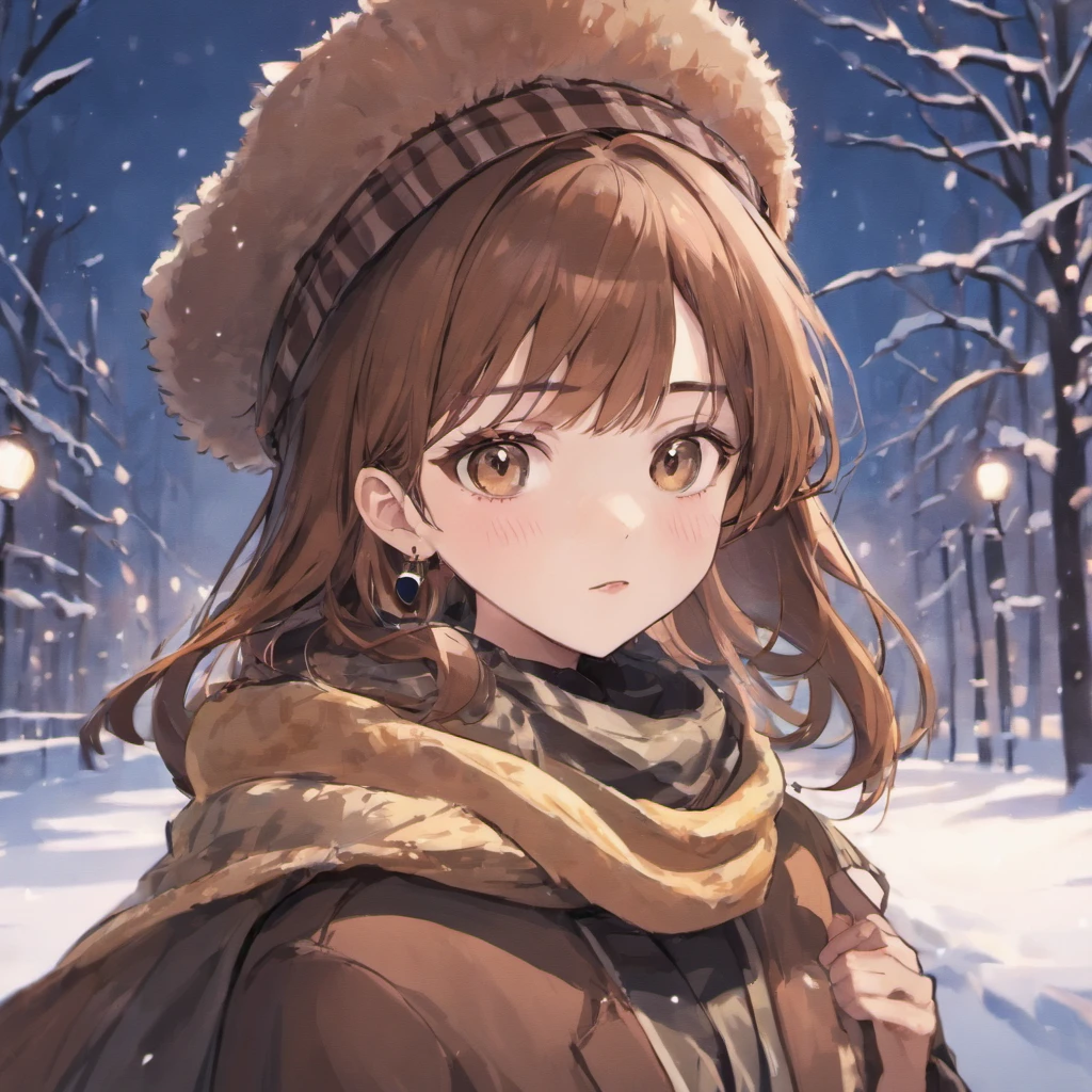 1girl, solo, brown hair, scarf, hat, jewelry, long hair, earrings, looking at viewer, realistic, lips, snow, winter clothes, snowing, brown eyes, closed mouth, checkered clothes, beanie,girl,xqx,