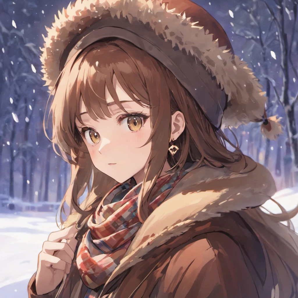 1girl, solo, brown hair, scarf, hat, jewelry, long hair, earrings, looking at viewer, realistic, lips, snow, winter clothes, snowing, brown eyes, closed mouth, checkered clothes, beanie,girl,xqx,