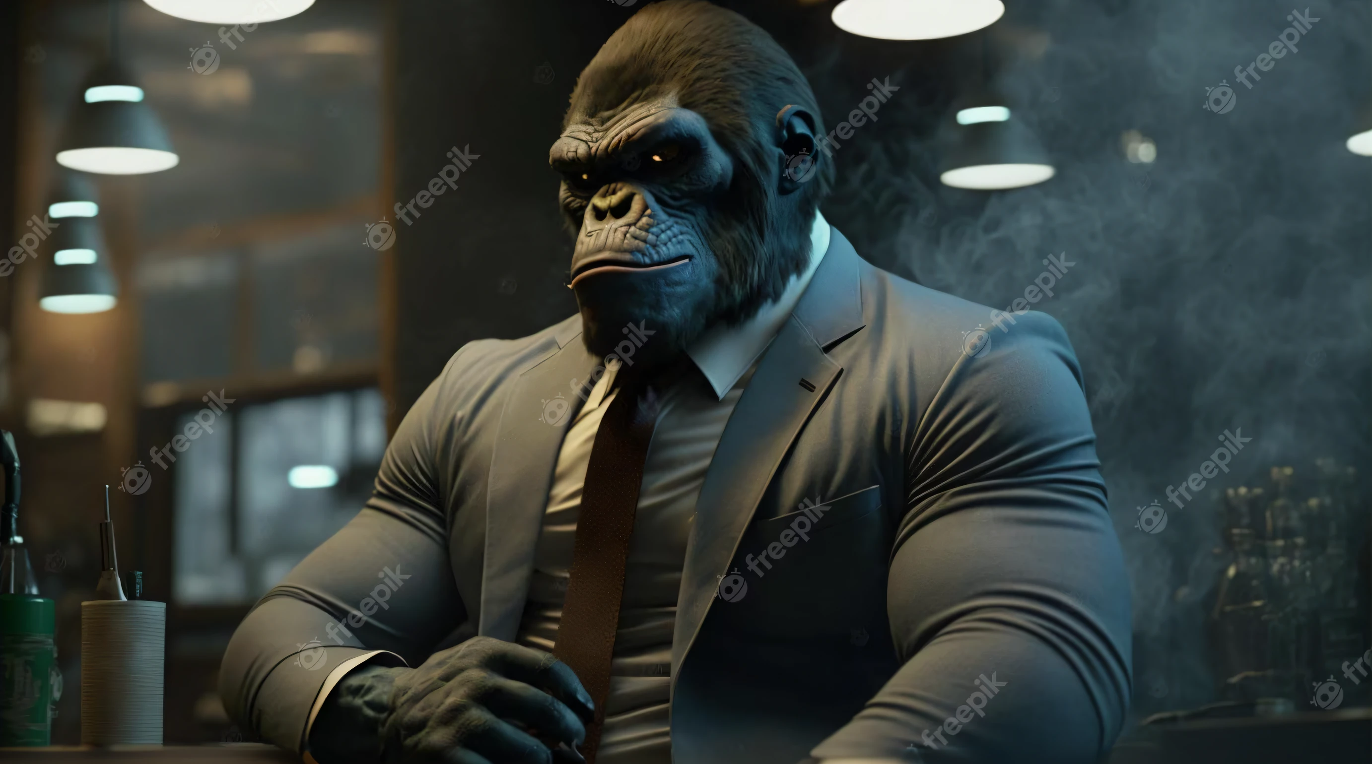 um close up de um gorila de terno sentado em um bar, macaco entediado nft, Winston, o Macaco de Overwatch, como gorila, CGI profissional, em estilo de macacos primais, Arnold Maya render, Iconic character of high detail, Criado em Unreal Engine 5, CGSetivity UHD 4K altamente detalhado, high quality topical render, para alugar artista 3d, gorila rabugento
