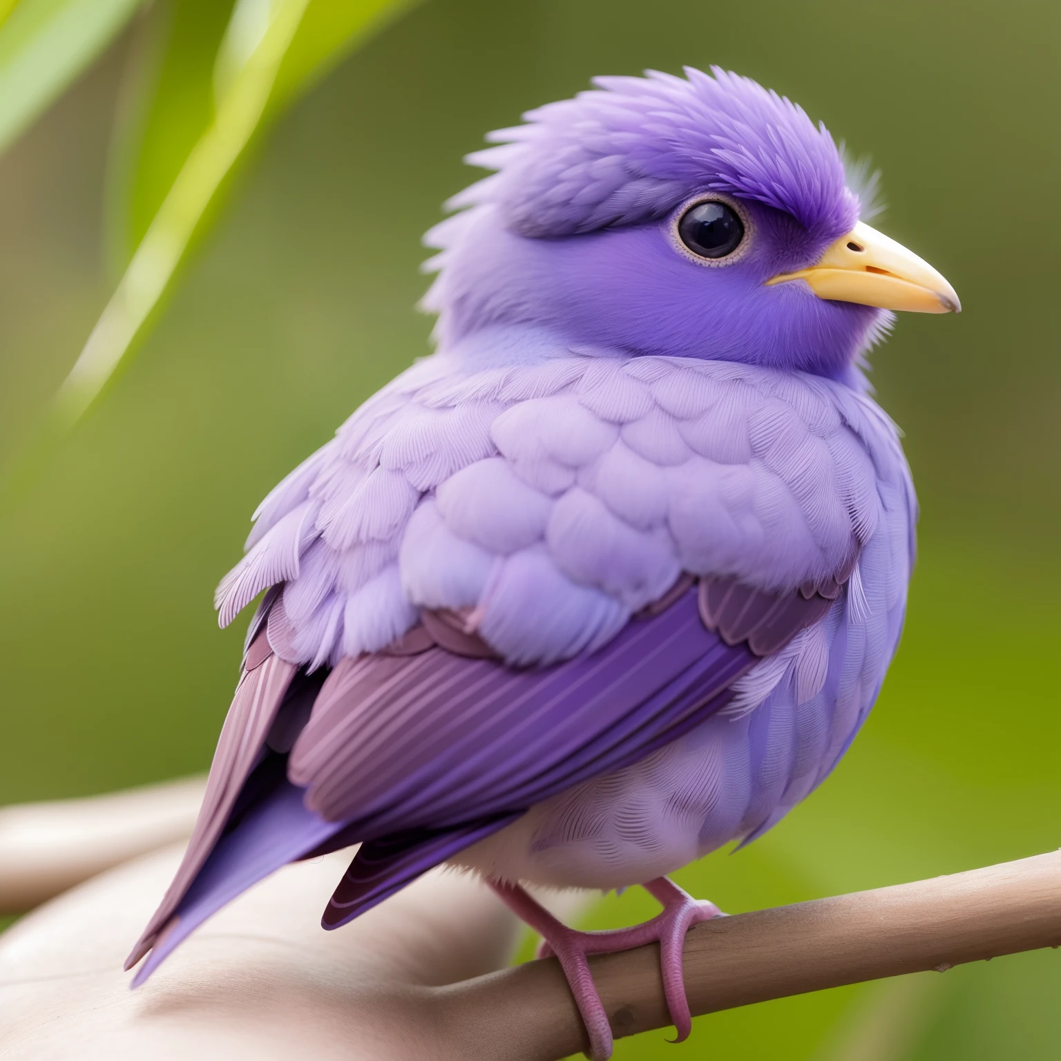 Close up Cute  bird con tonos de color morado. posado en una rama.  Estilo Disney