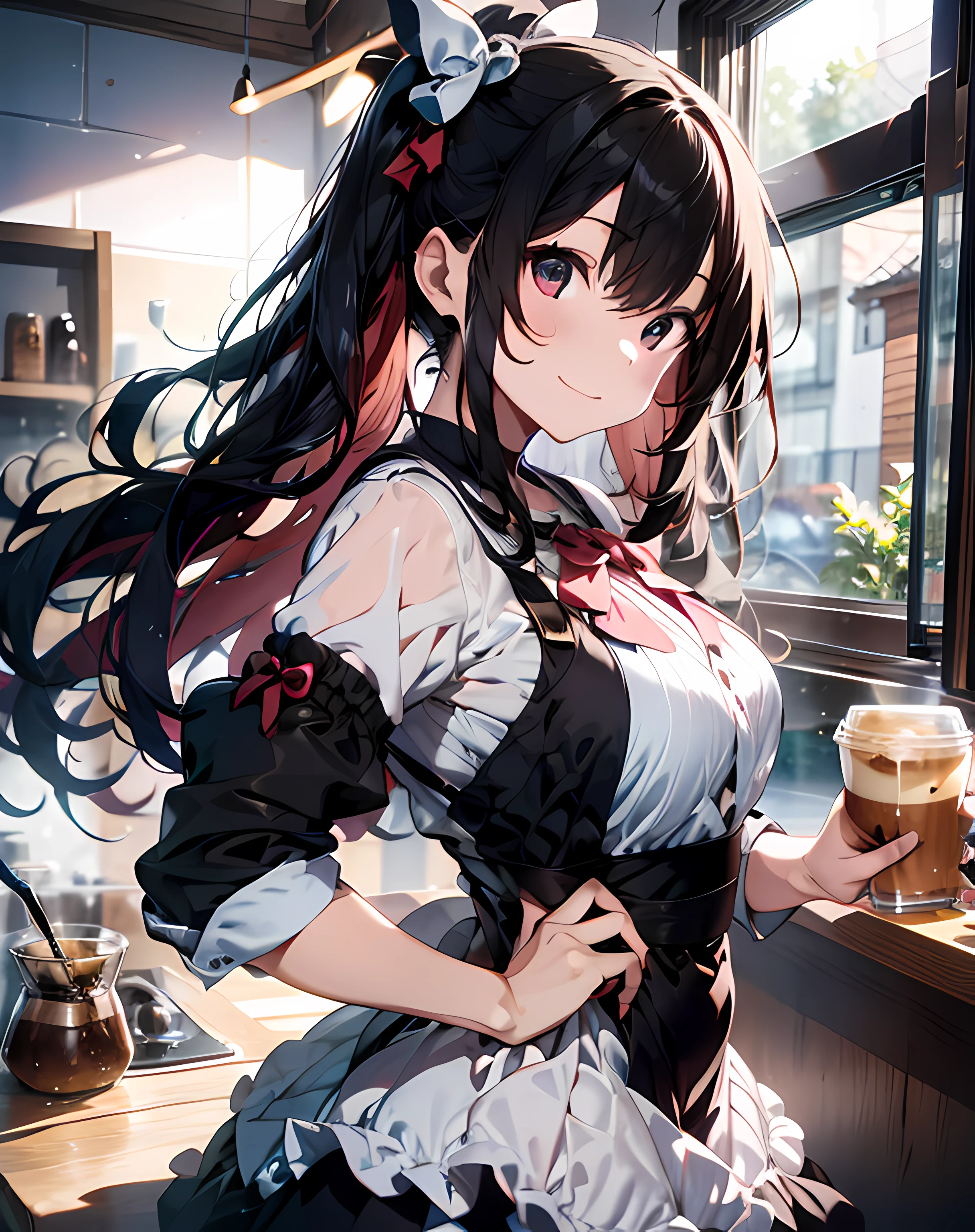 Altas, ultra detalhado, (1girl:1.3), (dynamic pose):1.0 INTERVALO, imagem de cowboy, top angle, ((1 extremely cute and cute coffee girl standing at the counter in the café)), caixa, wearing a gothic lolita maid's outfit, camisa de gola e uma saia longa de pregas verdes na altura do joelho, Avental Preto, Ela tem o cabelo loiro de duas caudas, fitas de cabelo vermelho, peito gigantesco, delgado, Abs, chibi-personagem, 6 tamanho natural, roupas detalhadas, corpo detalhado, Detailed arms, human hands, detailed hands, corar, envergonhado, Sorriso leve, Feliz, ,Sorriso leve, boca fechada, batom rosa, surpreso, olhando o espectador, de frente para o espectador, Pose de modelo bonita, extremamente inclinado para a frente contra o espectador, hands on the stomach, studio soft light, Cinematic light, Antecedentes detalhados, symmetric, hiper-realista, altamente detalhado, intrincado, Muito suave, foco nítido, Redshift rendering, 8k, Realistic, ultra-realistic, master part,