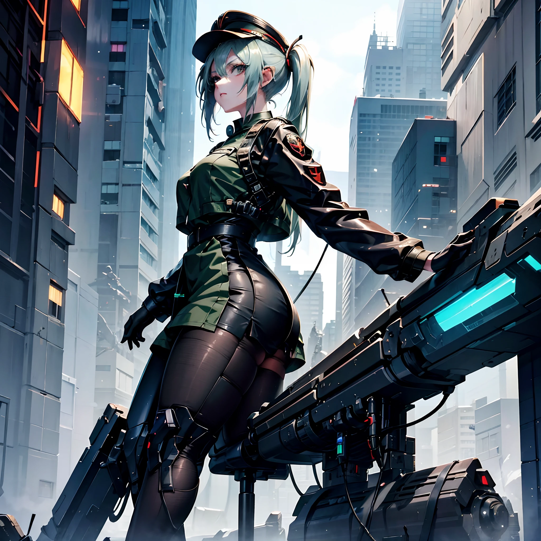 an older anime girl with long white hair wearing dark green full retro military uniform also wearing military hat, badass anime 8 k, female dark sci fi anime girl, digital sci fi anime art, sci fi anime girl, anime sci fi art, anime girl mech, modern sci fi anime, cyberpunk anime art, digital sci fi - anime art, anime sci fi, cyberpunk angry gorgeous goddess, portrait, sci fi, insidebar, cyberpunk, absurdres, high res, ultrasharp, 8K, masterpiece, looking at viewer