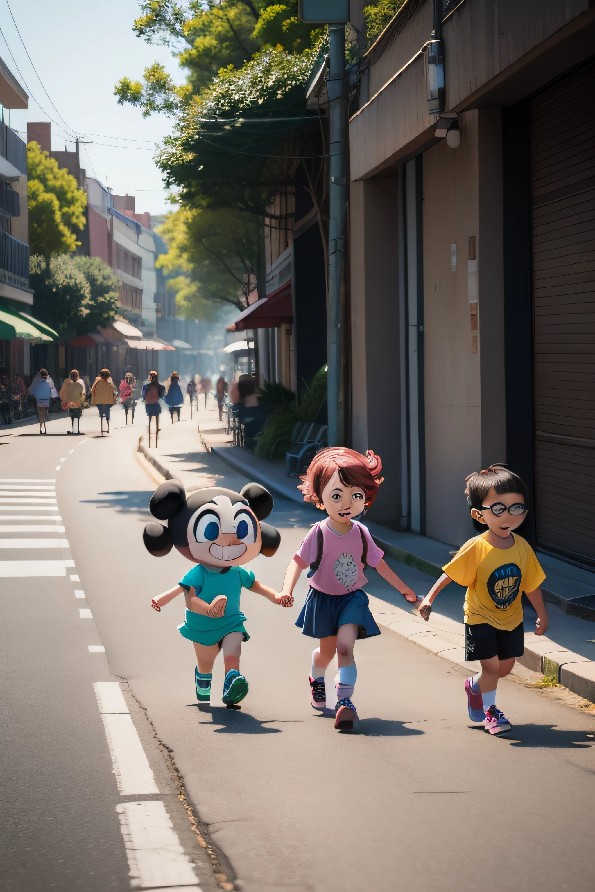 A group of cartoon kids are walking.