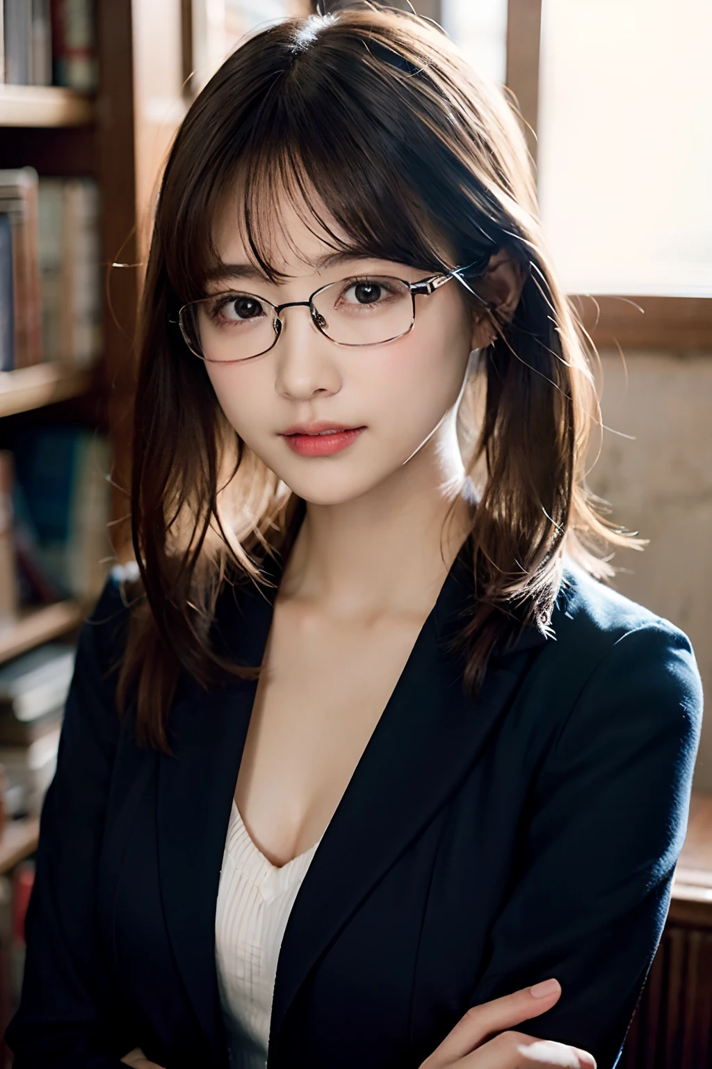 (8K、Raw photography、top-quality、masterpiece:1.2)、(realisitic、Photorealsitic:1.37)、ultra-detailliert、超A high resolution、女の子 1 人、17 age、see the beholder、beautifull detailed face、A smile with a little visible teeth、Constriction、(Slim waist) :1.3)、Blazer、Beautiful detailed skin、Skin Texture、Floating hair、poneyTail、large breasts with good shape、Professional Lighting、Autumn twilight、book library、(((Black square glasses )))、Whole human body、Black hair、((Shameful appearance))、Accept books、