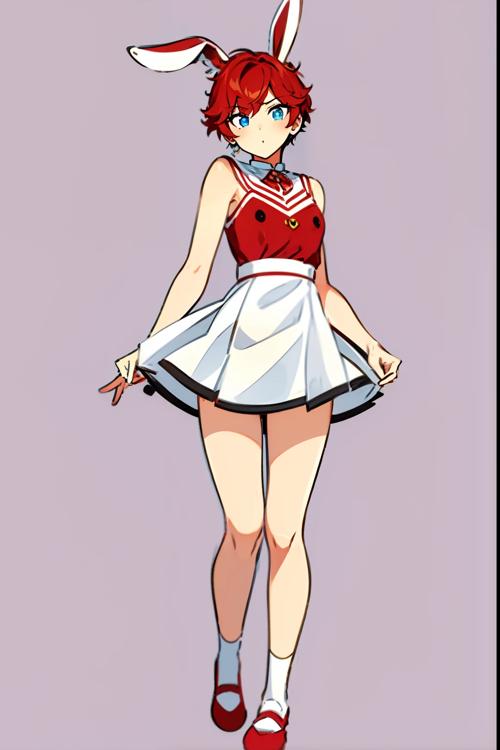 girl, solo girl, amagi hiiro, red hair, blue eyes, messy short hair, 1girl, full body, white dress, rabbit ears, rabbit tail, long socks, white background, slim waist, slim legs, red shoes, white background, detailed face, white plain dress, modelling pose, cute girl, shy,