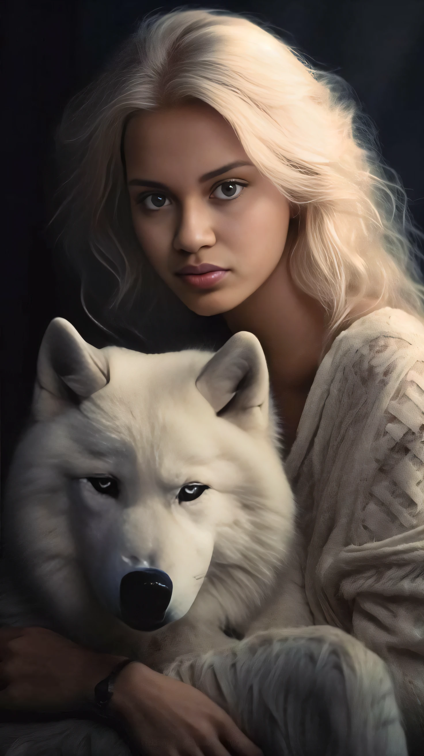 Blonde woman with white wolf in her arms, lobo branco, female anthropomorphic wolf, pintura digital realista, um lobo branco, Magali Villeneuve», Yuri Shwedoff e Tom Bagshaw, Directed by: Galen Dara, wolfgirl, inspirado em Magali Villeneuve, companheiro lobo, retrato do lobo da fantasia, arte digital altamente realista, pintura digital ultra realista