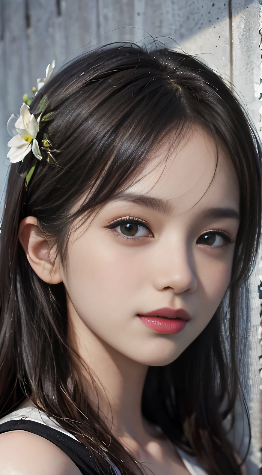 (ultra-realistic realism)、(illustratio)、(A high resolution)、(8K)、(The is very detailed)、(Best Illustration)、(Beautifully detailed eyes)、(top-quality)、(ultra - detailed)、(tmasterpiece)、(the wallpaper)、(A detailed face)、独奏、1 girl in、looking at viewert、finedetail、A detailed face、in the darkness nigth、deep shading、low tune、pureerosfaceace_V1、A smile、Long、Black shawl straight hair、46-point diagonal bangs, (silk dress、long skirt)(cropped shoulders)The view of the castle、、Stand against the wall