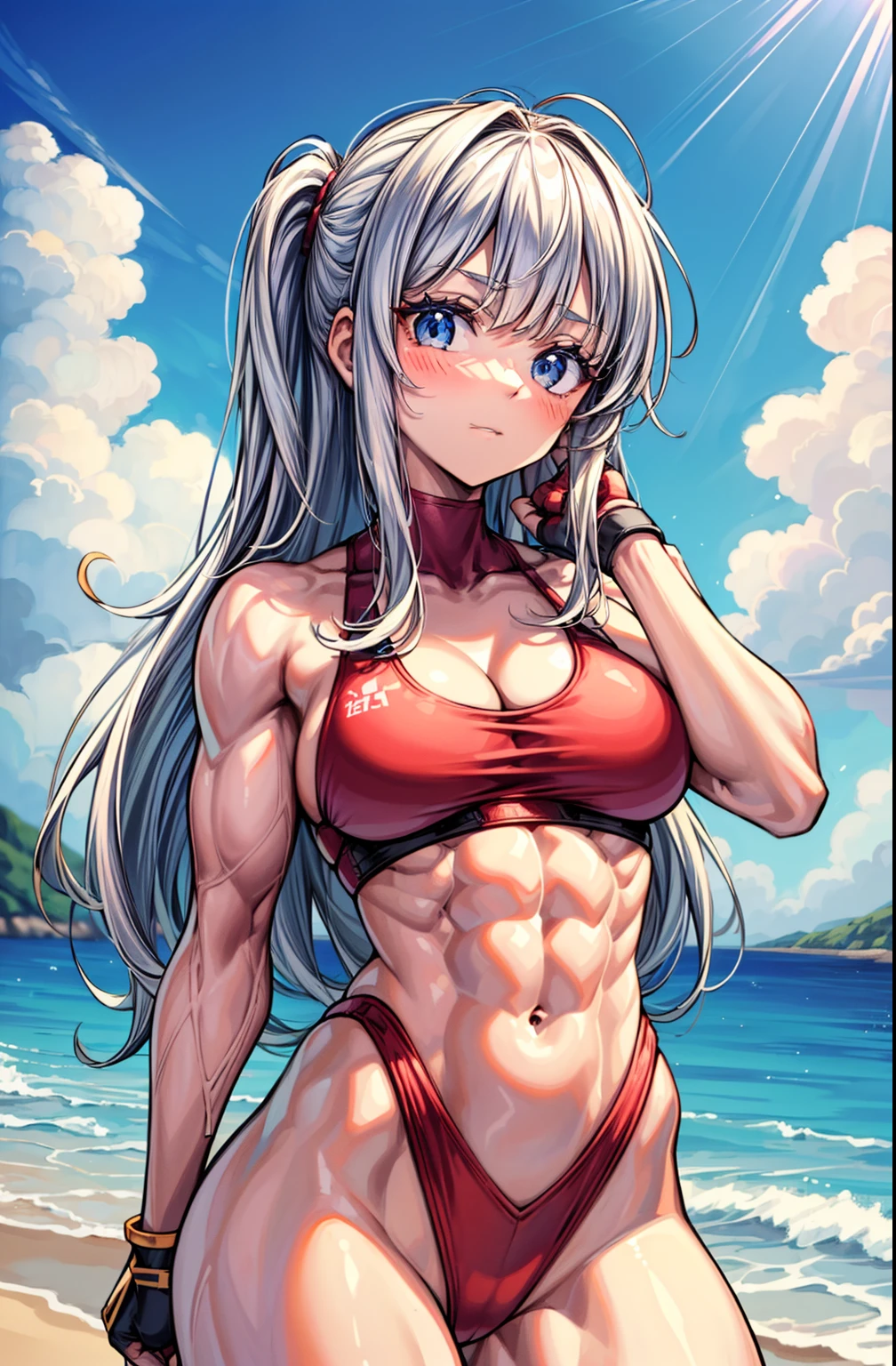 (BEST lighting) , (ultra intricately detailed) , 4K unification, (super-detailed CG: 1.2) , (8K: 1.2),(Original), (Masterpiece) , (Best quality),(Masterpiece:1.4),Anime-ish high quality,(Masterpiece),Masterpiece, Super clear picture quality，Clearer than movies，（Fine face）Best quality, absurderes,((masterpeace, 4K, 8K, Yes, A high resolution))1girll, schoolgirls，She was on the beach，Ten strong abs，standing on your feet,Exposing the abdomen， Red swimsuit crop top bra,There are bulges of dense veins on the arms，Spring, Boots, Perfect figure, Long white hair, Dynamic pose,Legs exposed，Strong leg muscles ((body builder:1.5)),Kasuga Beach,(Beautiful bace),(Girl),(Female),(((Upper body:1)))