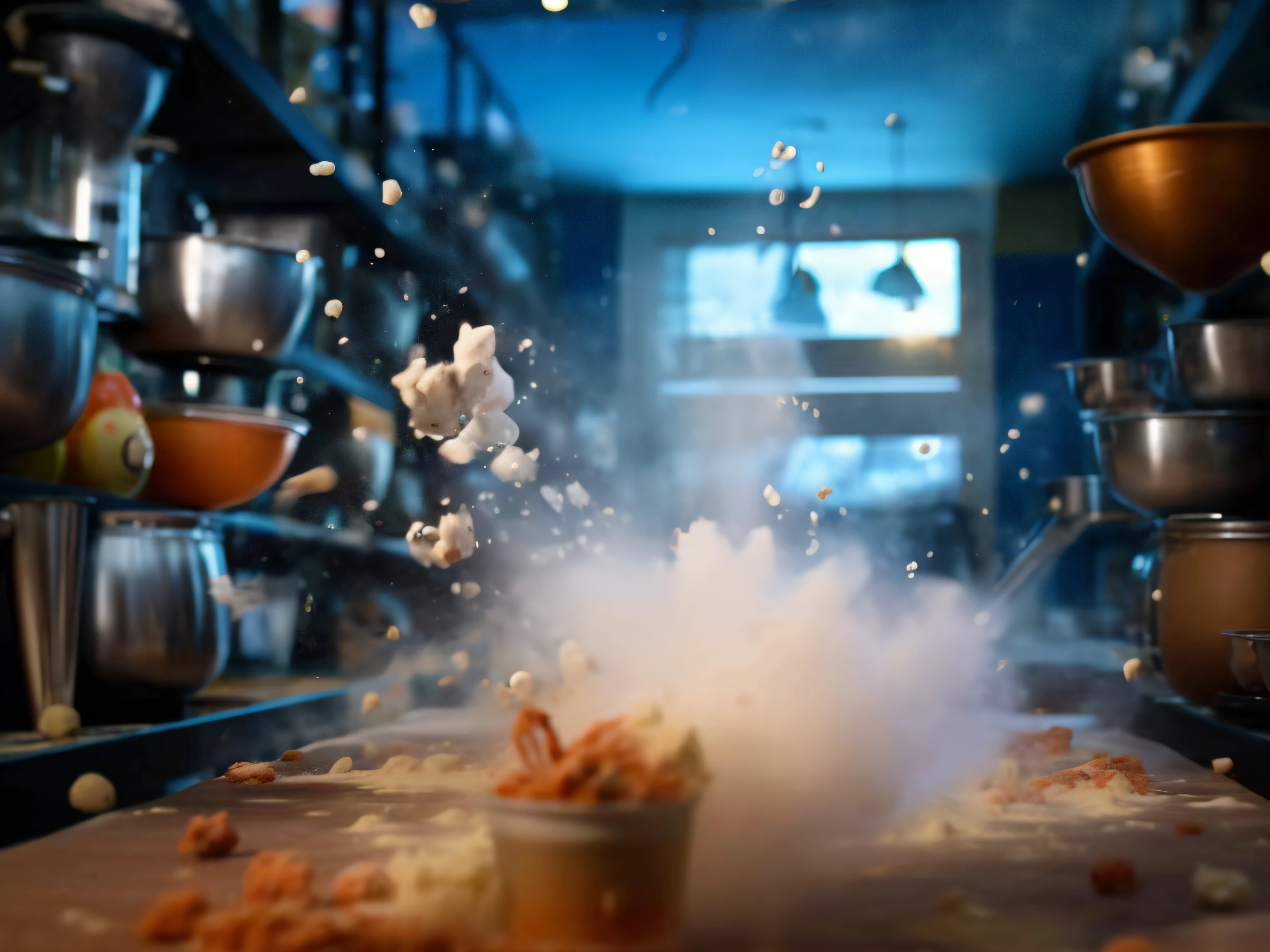 There was a bowl of food thrown in the air, food commercial 4 k, culinary art photography, Slow - Mo high-speed photography, Dry Ice, Commercial shooting, Super slow motion, food particles, illusory engine. cinematic Film still from, Flour flying, 4K food photography, 4 k food photography, Visual effects shots, vfx, hyper - realistic vfx render