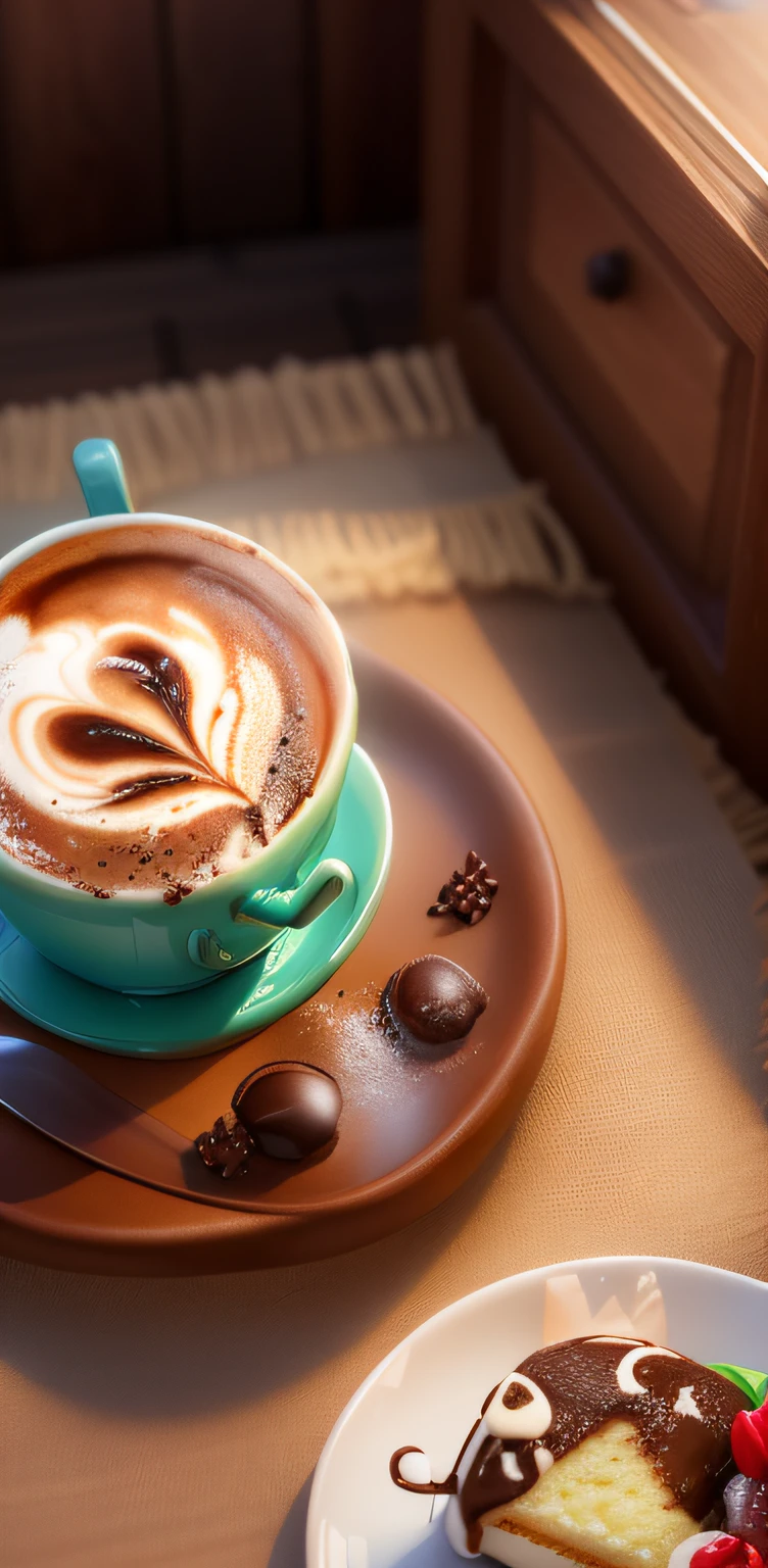 There was a cup of coffee and a plate of cake on the table, Professional product photography, high qualityProduct photography, kawa, A coffee, Product photography 4 K, vibrant feel, coffee mug, Product photography, commercial product photography, cappuccino, Masterpiece works of art, Vibrant and dynamic, genius, professional product photo, warm, latte art, morning coffee