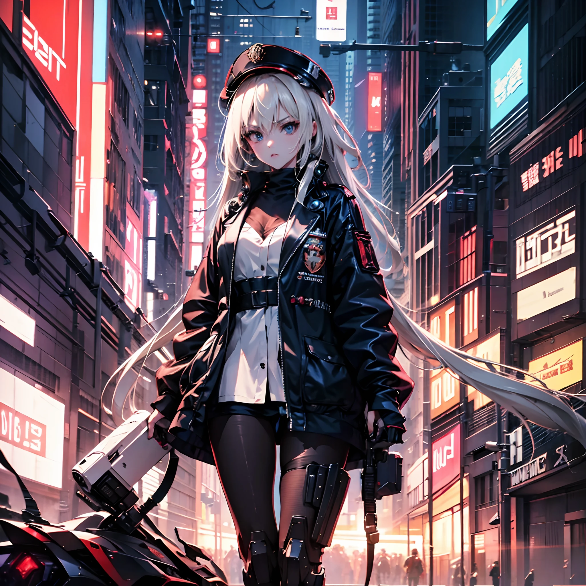 an older anime girl with long white hair wearing dark orange full retro military uniform also wearing military hat, badass anime 8 k, female dark sci fi anime girl, digital sci fi anime art, sci fi anime girl, anime sci fi art, anime girl mech, modern sci fi anime, cyberpunk anime art, digital sci fi - anime art, anime sci fi, cyberpunk angry gorgeous goddess, portrait, sci fi, insidebar, cyberpunk, absurdres, high res, ultrasharp, 8K, masterpiece, looking at viewer