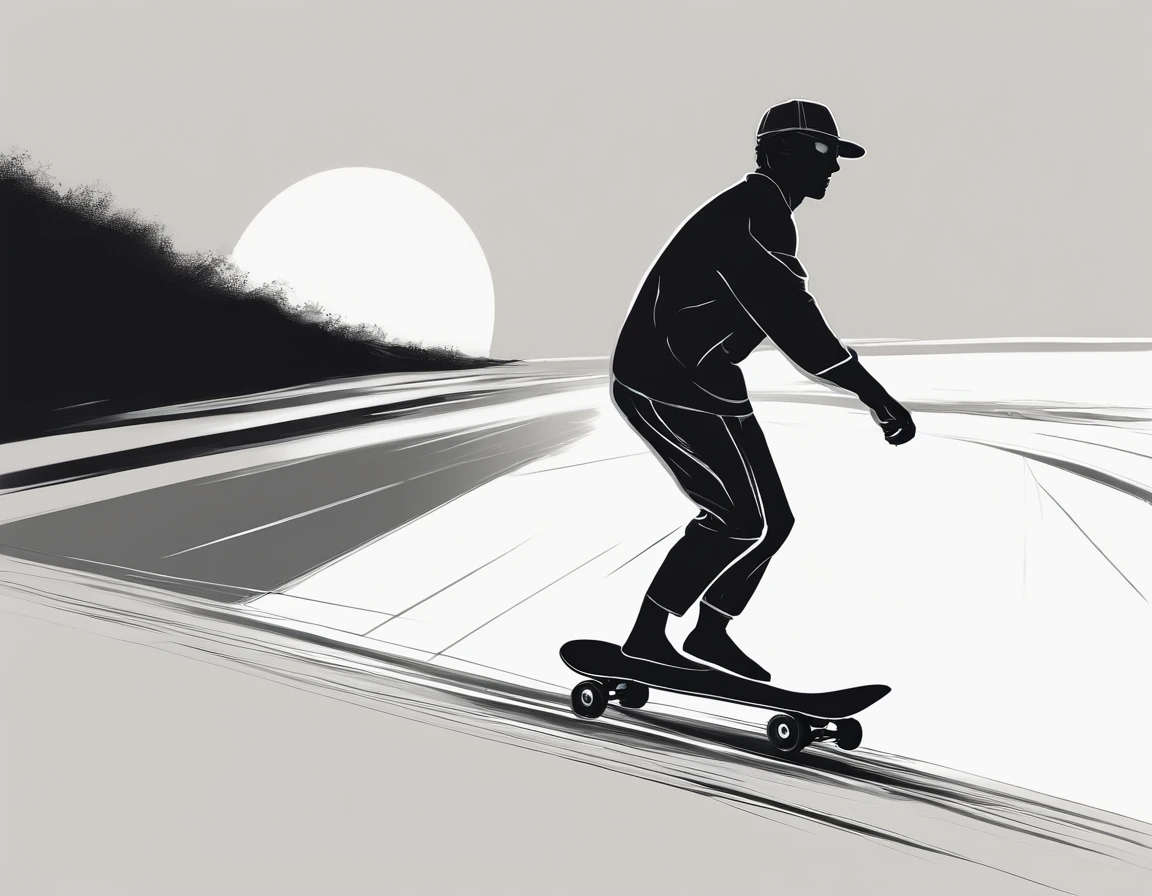 arafed drawing of a man riding a skateboard down a hill, vector ink drawing, shaded ink illustration, ink illustration, inspired by yoji shinkawa, black and white ink style, manga style of kentaro miura, black and white vector art, on grey paper sketch ink style, inky illustration, high contrast illustration, sumi ink style, ink draw