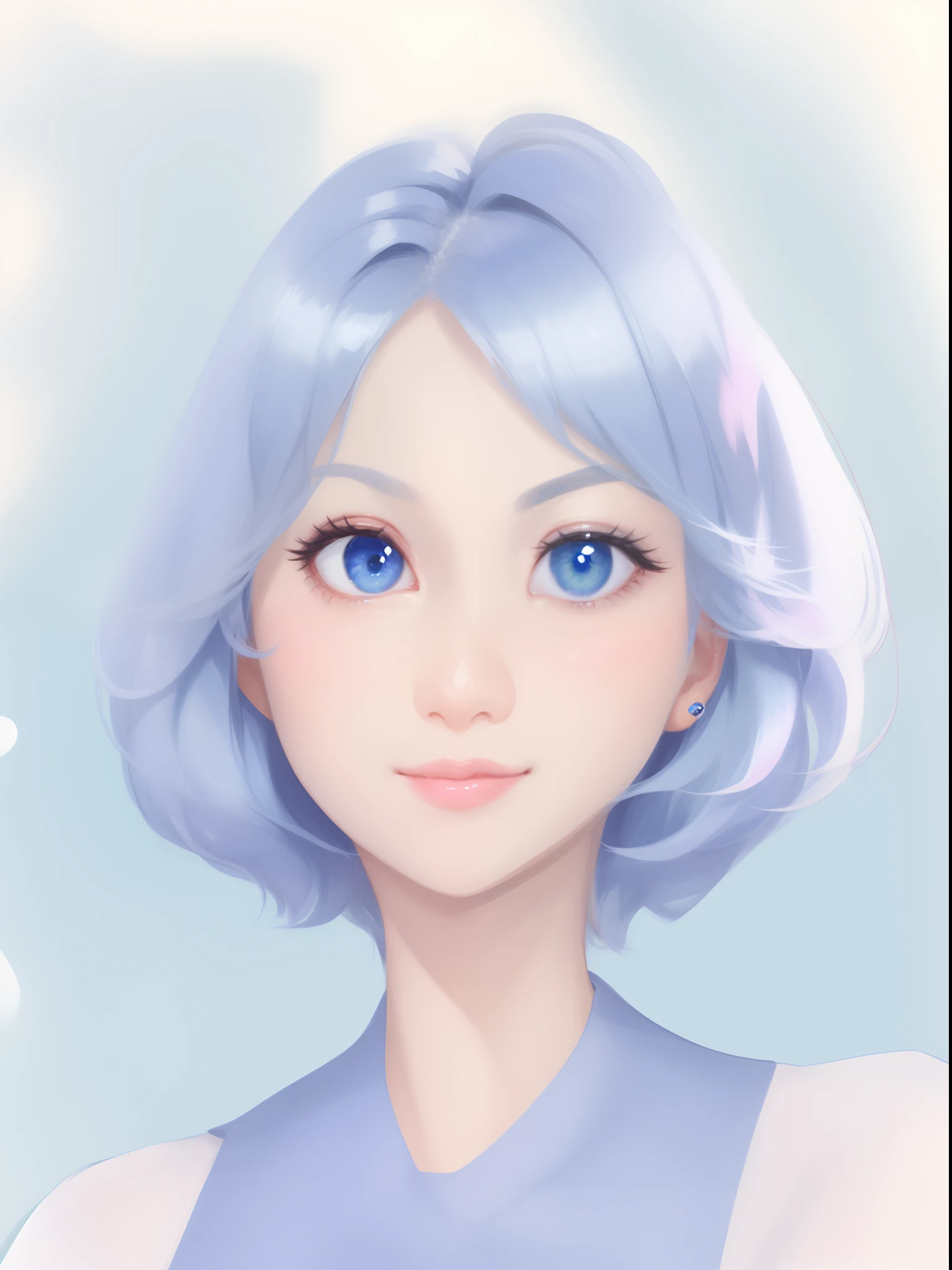 a drawing of the face of a woman with a short hair, short blue hair, blue eyes,looking at the viewer,cute smile, pink cheeks, anime face, character headshot portrait, character - portrait, face anime portrait, character design portrait, simple concept art portrait of anime girl, masterpiece, very detailed, high resolution, 8k