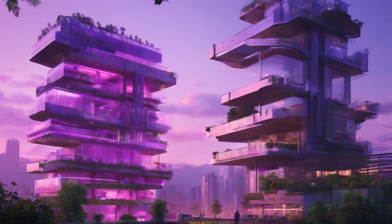 Futuristic City, mixed with nature, violet hue sky, ultra-high quality, ultra detailed, 4k