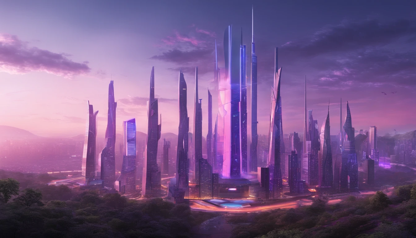 Futuristic City, mixed with nature, violet hue sky, ultra-high quality, ultra detailed, 4k