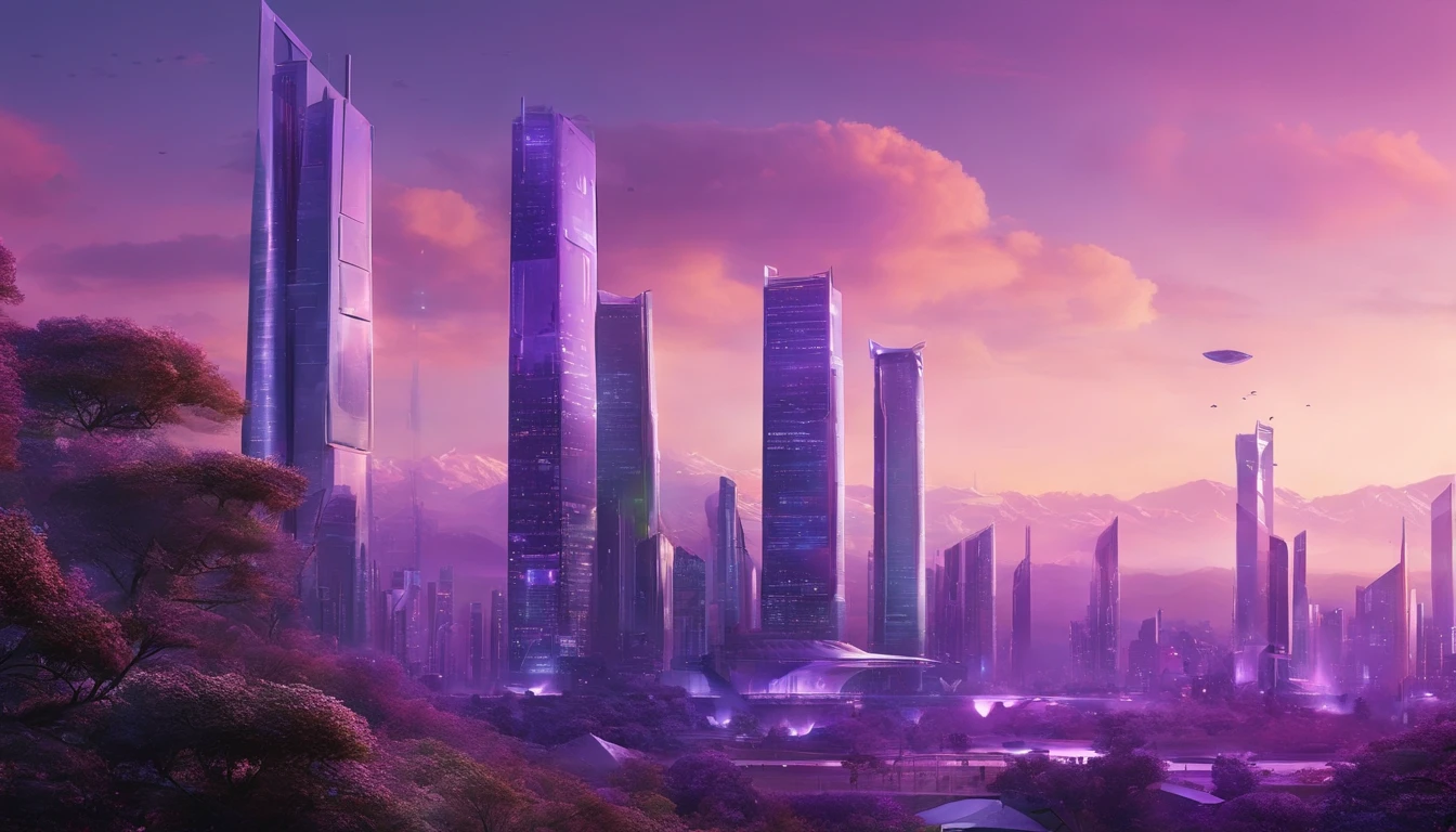 Futuristic City, mixed with nature, violet hue sky, ultra-high quality, ultra detailed, 4k
