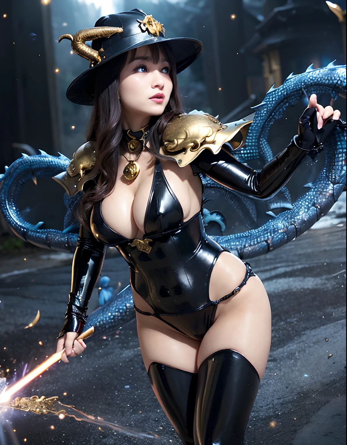 ((World of Darkness)),Professional , masterpiece、top-quality、photos realistic , depth of fields 、(((With a magic wand of gems))),(Dragon Black Metal Body:1.9),(latex black-blue、(cleavage of the breast)(Fight dragons)、、(((Particles of light))),(Micro Bikini Armor:1.7),Gorgeous gold weapons ,(Fight dragons)、Seductive look、(blood splattere、((((With a magic wand))), ) , (((Wearing a black latex wizard hat))),(demonic wings) ,((a blond))、(Castle background)、((Gangle's forest background))、Beautiful Caucasian beauty、1a person、dynamic ungle,(((Detailed and ornate dragon wizard hat)))、Smaller head、A smile、Castle background、Thin and beautiful female hands、cleavage of the breast、Soldier in iron armor on background、Mystical expression、Light Effects、intense fighting、Wind-effect、magic circles、With the legendary magic wand、Dragon's tail、explosions、Toostock、Toostock、