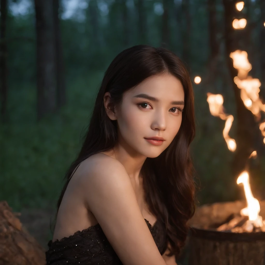 nighttime, masterpiece, one girl, white skin, black hair, long hair, brown eyes, black dress, 23 years old, sitting on the woods, bonfire, fireflies, thailand white girl