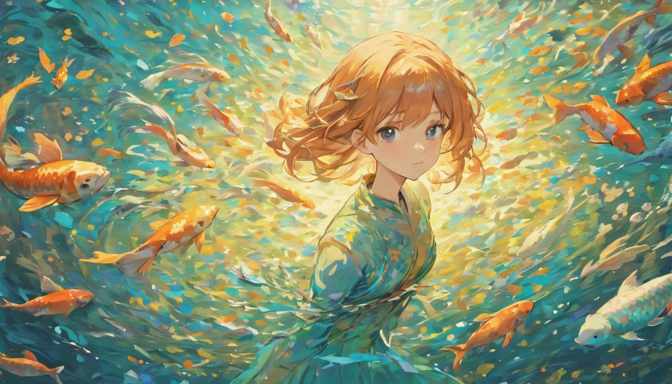 "A graceful depiction of a young woman surrounded by a flock of mesmerizing koi fish, (Muitos peixes koi),assemelhando-se a uma elegante e serena pintura a tinta japonesa."