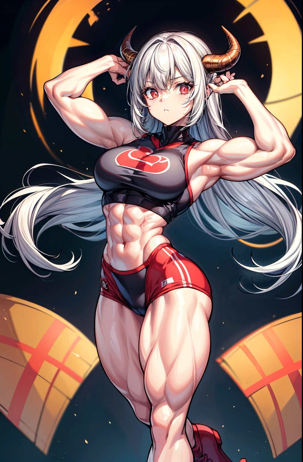(BEST lighting) , (ultra intricately detailed) , 4K unification, (super-detailed CG: 1.2) , (8K: 1.2),(Original), (Masterpiece) , (Best quality),(Masterpiece:1.4),Anime-ish high quality,(Masterpiece),Masterpiece, Super clear picture quality,Clearer than movies,(Fine face)Best quality, absurderes,((masterpeace, 4K, 8K, Yes, A high resolution))1girll, schoolgirls,Red pupils,The eyes are fierce,The fire burst into the sky,Ten strong abs,Beast horns,standing on your feet,Exposing the abdomen, Red and black tracksuits,There are bulges of dense veins on the arms,Spring, Boots, Perfect figure, Long white hair, Dynamic pose,Legs exposed,Strong leg muscles ((body builder:1.5))with black background(Beautiful bace),(Girl),(Female),(((Upper body:1)))