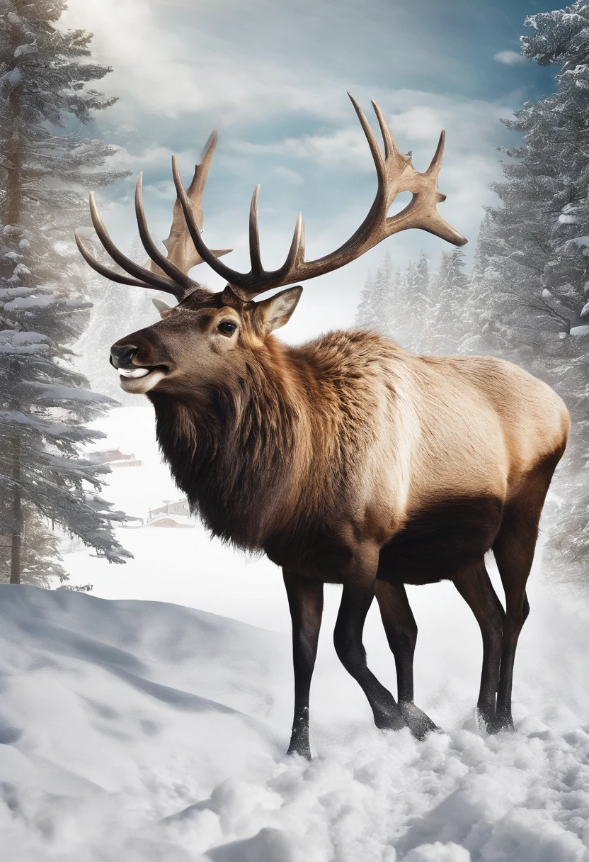 Six elk pulling a sled，Joyfully galloping through the snow，Realphotos, Photography, 65° viewing angle, Realistic light and shadow, En plein air, Close-up, Lawn, Sunnyday, simple background, Flowers, green trees, realistic detail, 8K HD pictures, Round platform::2,