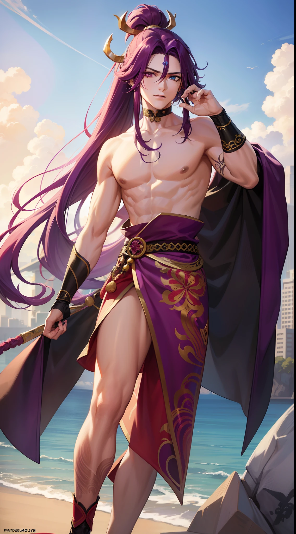 Grown-up guy, long purple hair, Part of the hair is gathered in a high ponytail, Heterochromia, The left eye is purple, Red right eye, The Monkey King's Armor, open torso, lots of tattoos, clouds beneath your feet, Masterpiece, hiquality, 4k, HD, Good detail