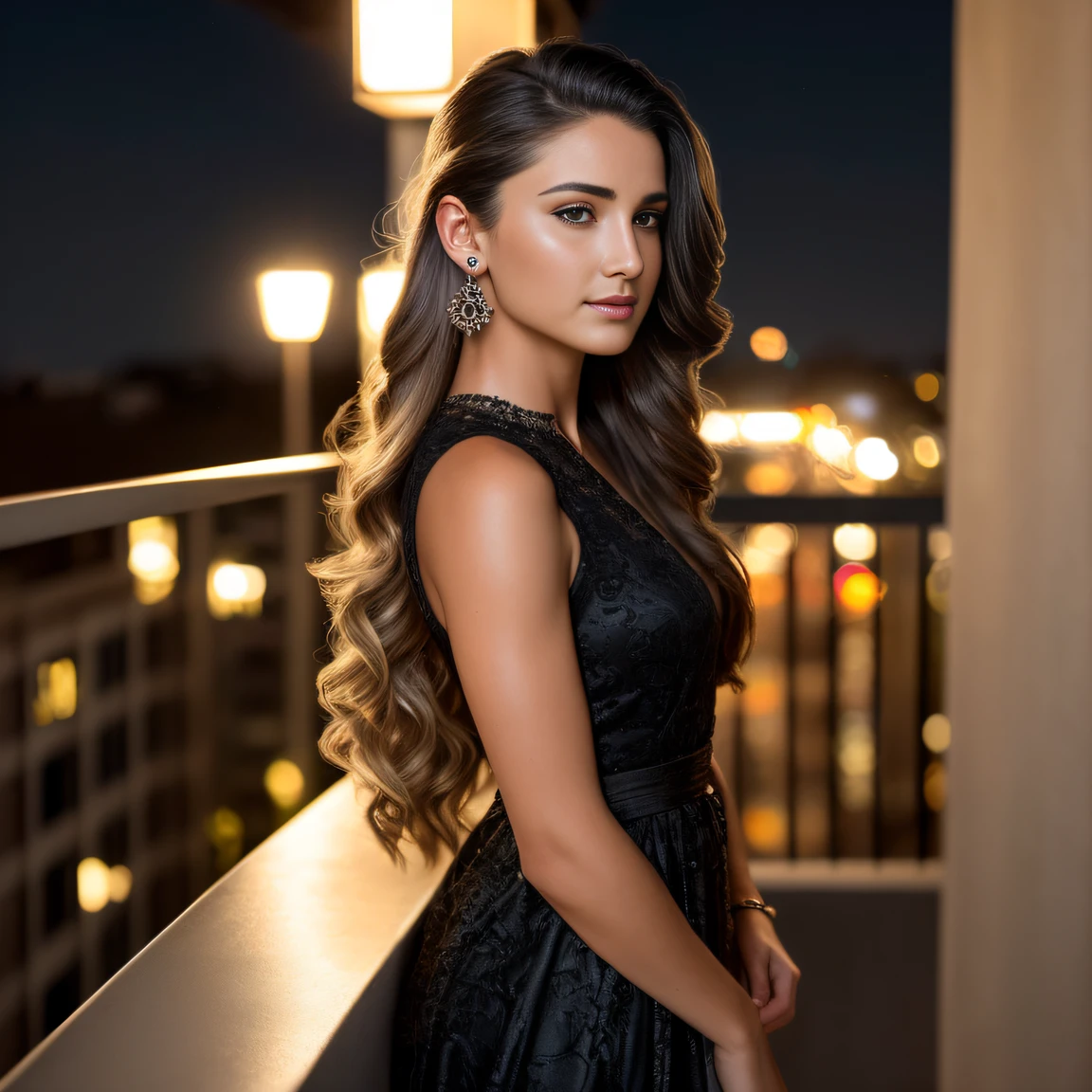 (RAW, analogue, Nikon Z 14mm ultra-wide angle lens, award-winning glamour photograph, ((best quality)), ((masterpiece)), ((realistic)), skin pores, subsurface scattering, radiant light rays, high-res, detailed facial features, high detail, smooth, aesthetic, extremely detailed, (extremely detailed eyes, extremely detailed iris), extremely detailed hair, extremely detailed skin, extremely detailed clothes, octane render, photorealistic, realistic, post-processing, max detail, realistic shadows, roughness, natural skin texture, real life, ultra-realistic, photorealism, photography, 8k UHD, photography, hdr, intricate, elegant, highly detailed, sharp focus, stunning, beautiful, gorgeous), realistic, masterpiece, highest quality, 1girl, long hair, (blonde hair), (rim light), medium breast, ((cute black dress long, cinematic, in a balcony:1.1)), ((night sky)), Intricate, High Detail, dramatic, realism, beautiful and detailed lighting, shadows, (high detailed skin:1.2), 8k uhd, dslr, soft lighting, high quality, film grain, Fujifilm XT3, full body, grin, earring,, 8k, hr, hdr, photo realistic,