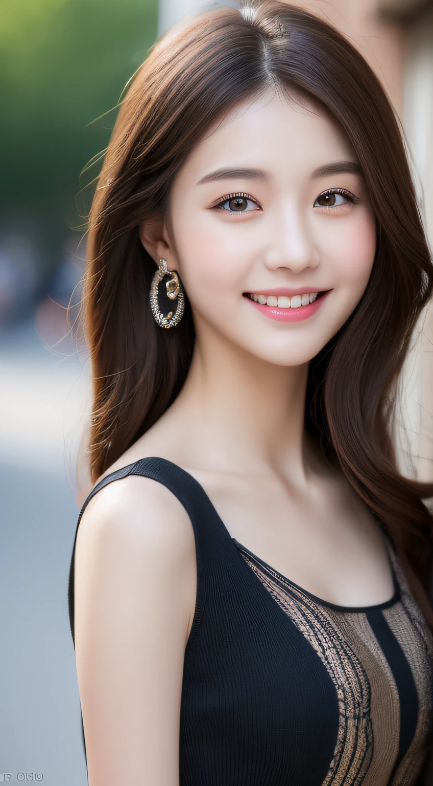 ((Best quality, 8k, Masterpiece :1.3)), 1girl, smiling, full body, slim face, Pretty woman, (Dark brown hair), full length dress :1.1, Ultra-detailed face, Detailed eyes, Double eyelid, blur background, slim face, city, outside, street,