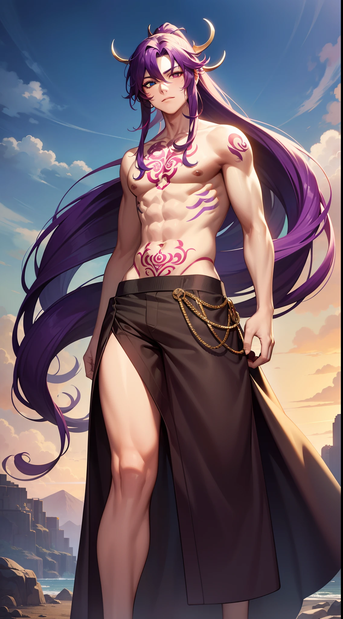 ((best quality)), ((masterpiece)), (detailed), kars,solo, high detail eyes, wavy hair, purple hair, long hair, red eyes, (dark skin:1.3),  muscular male, looking at viewer, jojo pose, colorful, holding red gem, jewelry, nipples, male focus, earrings, makeup, muscular, pectorals, revealing clothes, <lora:kars-20:0.5>