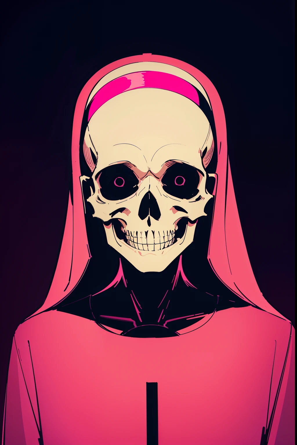 woman, wearing a pink nun suit, skeleton head (face only), dark background, night time