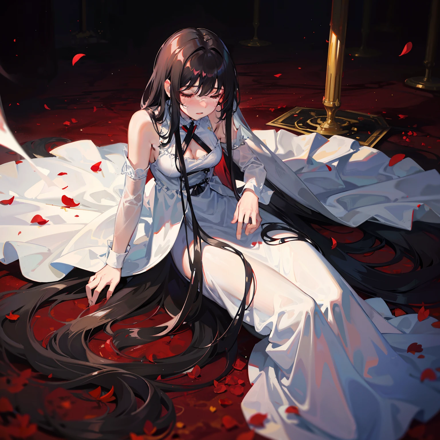 Blood-soaked petals spilled on the ground
Girl with long black slightly curly hair wearing a white vintage long dress,closing her eyes,Kneel on the ground
The fire is burning