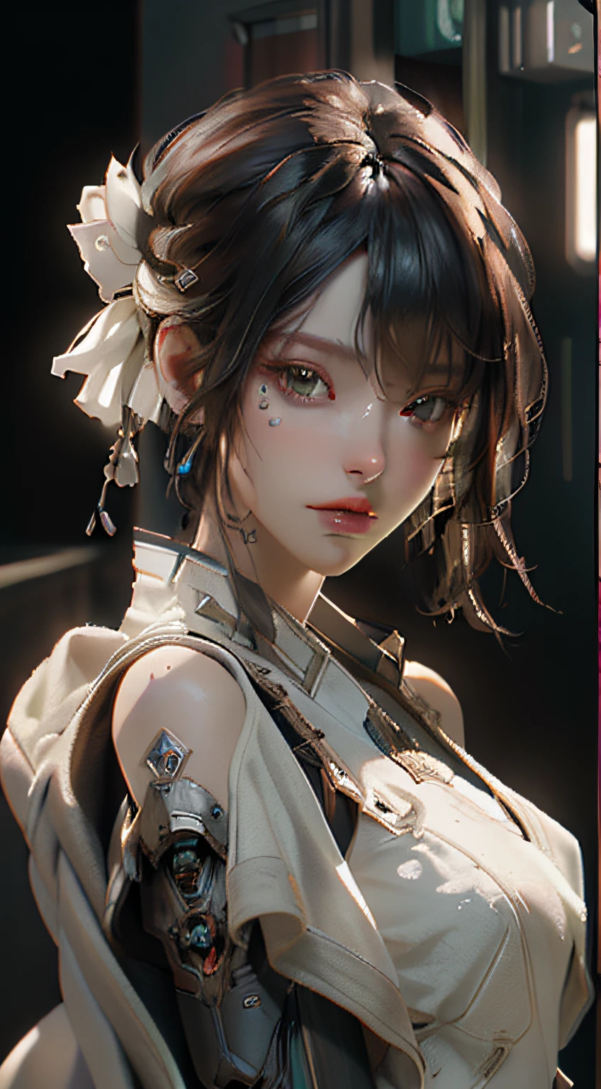((Best quality)), ((masterpiece)), (detailed:1.4), 3D, an image of a beautiful cyberpunk female,HDR (High Dynamic Range),Ray Tracing,NVIDIA RTX,Super-Resolution,Unreal 5,Subsurface scattering,PBR Texturing,Post-processing,Anisotropic Filtering,Depth-of-field,Maximum clarity and sharpness,Multi-layered textures,Albedo and Specular maps,Surface shading,Accurate simulation of light-material interaction,Perfect proportions,Octane Render,Two-tone lighting,Wide aperture,Low ISO,White balance,Rule of thirds,8K RAW,