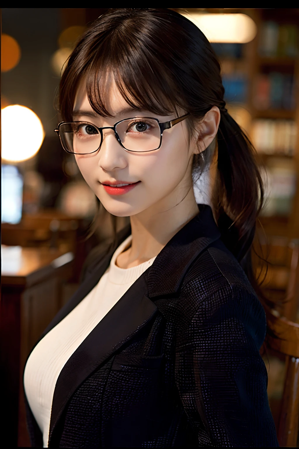 (8K、Raw photography、top-quality、​masterpiece:1.2)、(realisitic、Photorealsitic:1.37)、ultra-detailliert、超A high resolution、 1 人、28 year old、see the beholder、beautifull detailed face、A smile with a little visible teeth、Constriction、(Slim waist) :1.3)、Blazer、Beautiful detailed skin、Skin Texture、Floating hair、poneyTail、large breasts with good shape、Professional Lighting、Autumn twilight、book library、(((Black square glasses )))、Whole human body、Black hair、((Shameful appearance))、Accept the book、