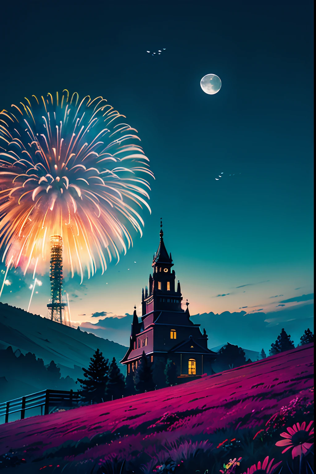 tmasterpiece，Best quality at best，Spectacular fireworks display. The fireworks are huge,电影灯光，bust，非常详细的 CG 统一 8k 壁纸，whaite hair，（（Fly petals）） ,(Flowery meadow) sky, cloudy_sky, building, moonlight, moon, night, (dark theme:1.3), light, fantasy,