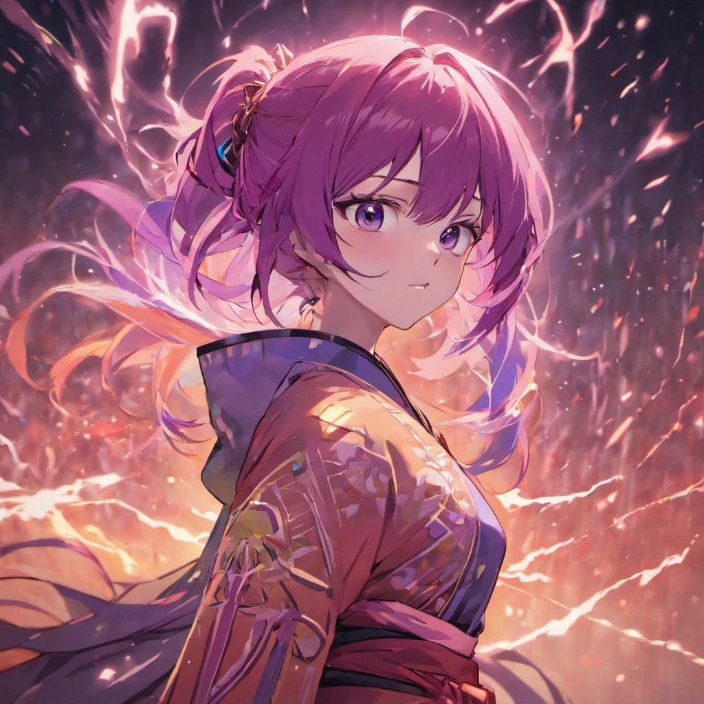 1 woman, Purple Long Hair, Raiden Shogun, eye glow, wearing a Gi, thunder background, high res, ultra sharp, 8k, looking at viewer