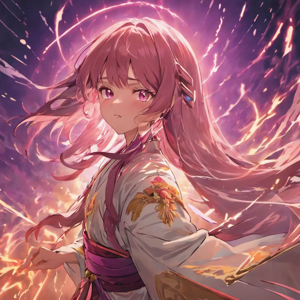 1 woman, Purple Long Hair, Raiden Shogun, eye glow, wearing a Gi, thunder background, high res, ultra sharp, 8k, looking at viewer
