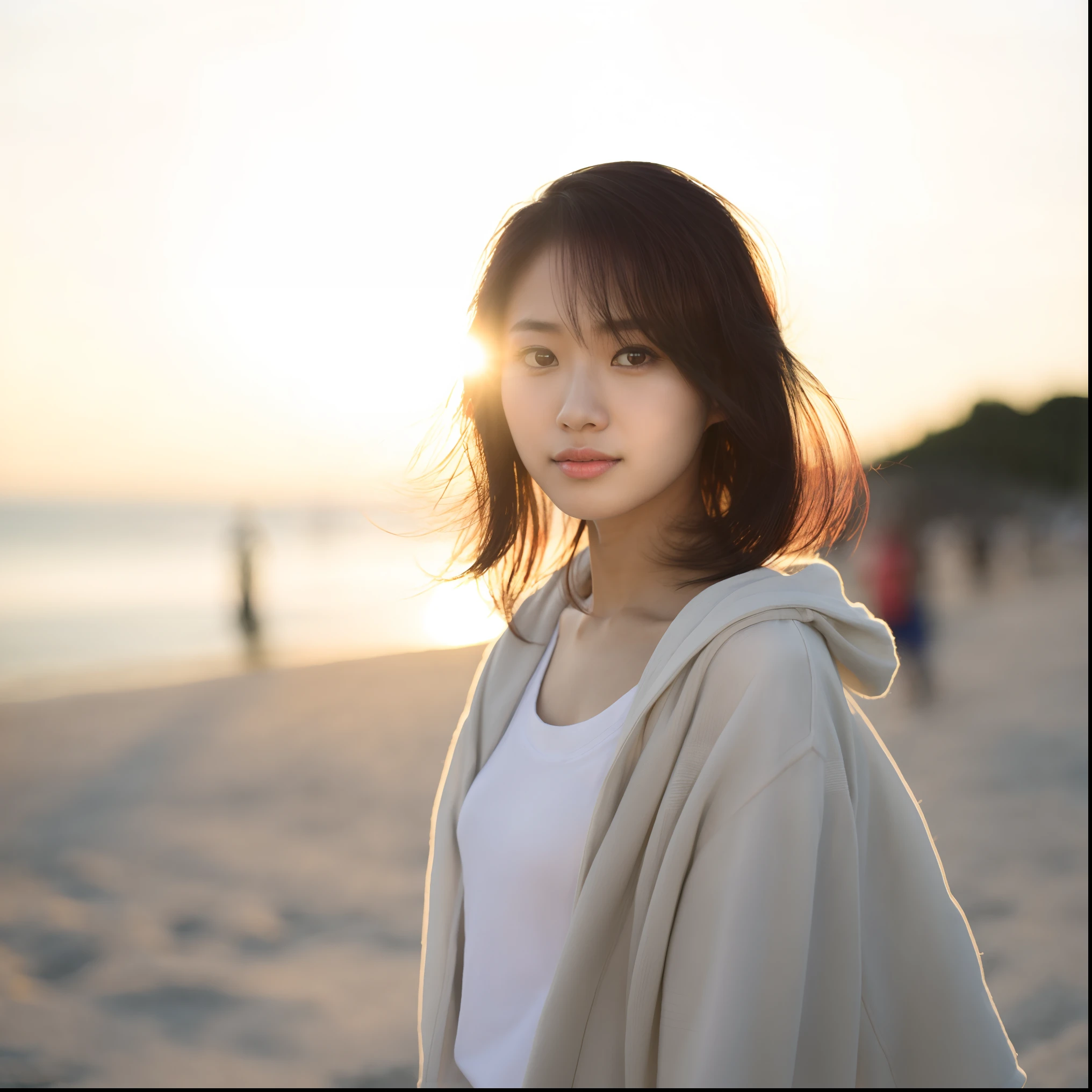 Person walking in the background々Long hair woman standing on the beach with, Beautiful young Korean woman, taken with canon eos 5 d mark iv, beautiful Korean women, Gorgeous young Korean woman, at beach at sunset, with sunset, taken with a canon eos 5 d, a young asian woman, Korean Girl, soft sunset lighting, soft portrait shot 8 k, Young Asian Woman
