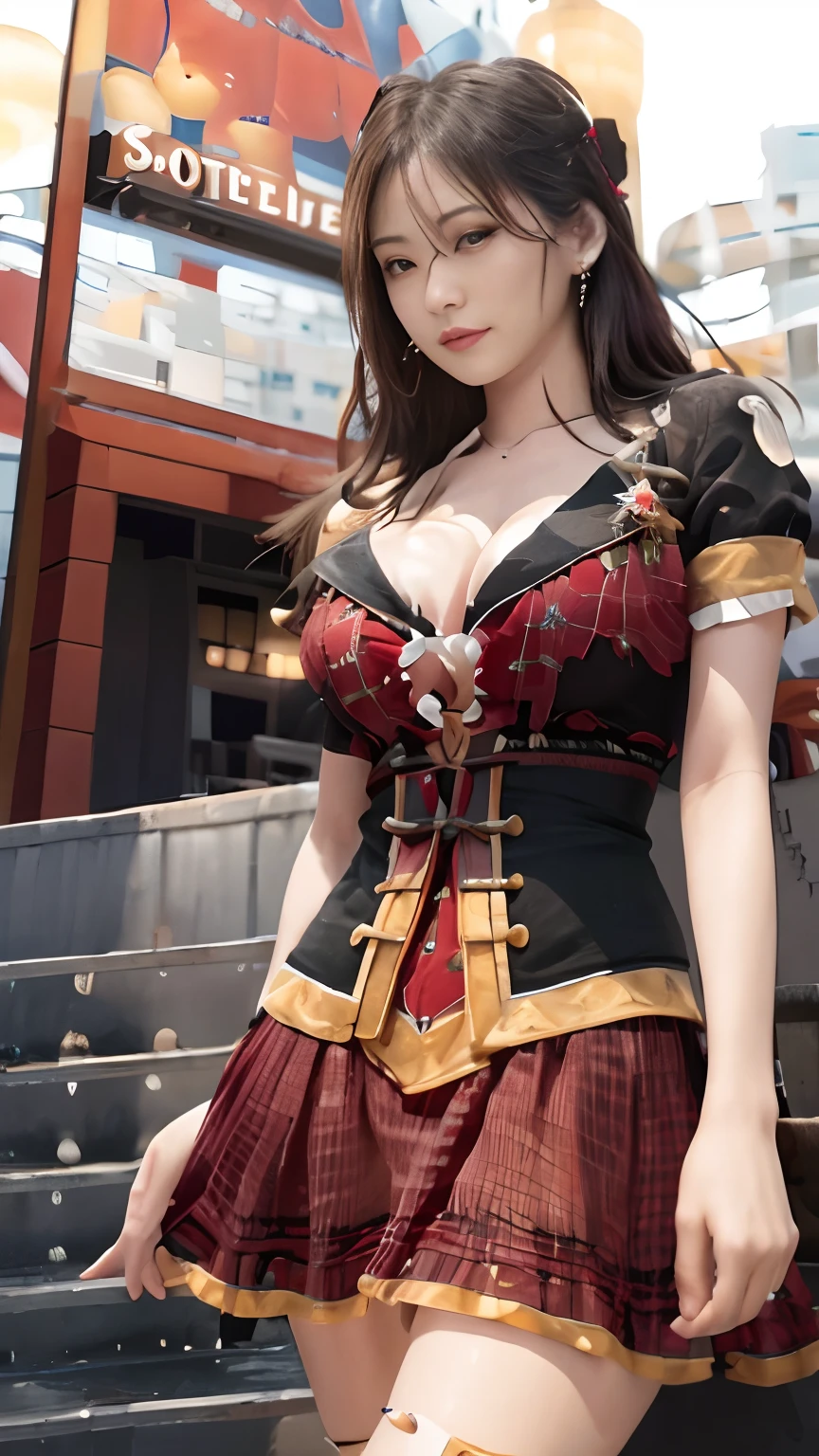 best quality, ultra high res, (photorealistic:1.4), RAW photo, (upper thigh, from side:0.7), (bokeh:1.5), (beach), (in suite:1.6), (exotic skin), (broen hair), big boobs,black and red dress, 1japanese girl, cute,